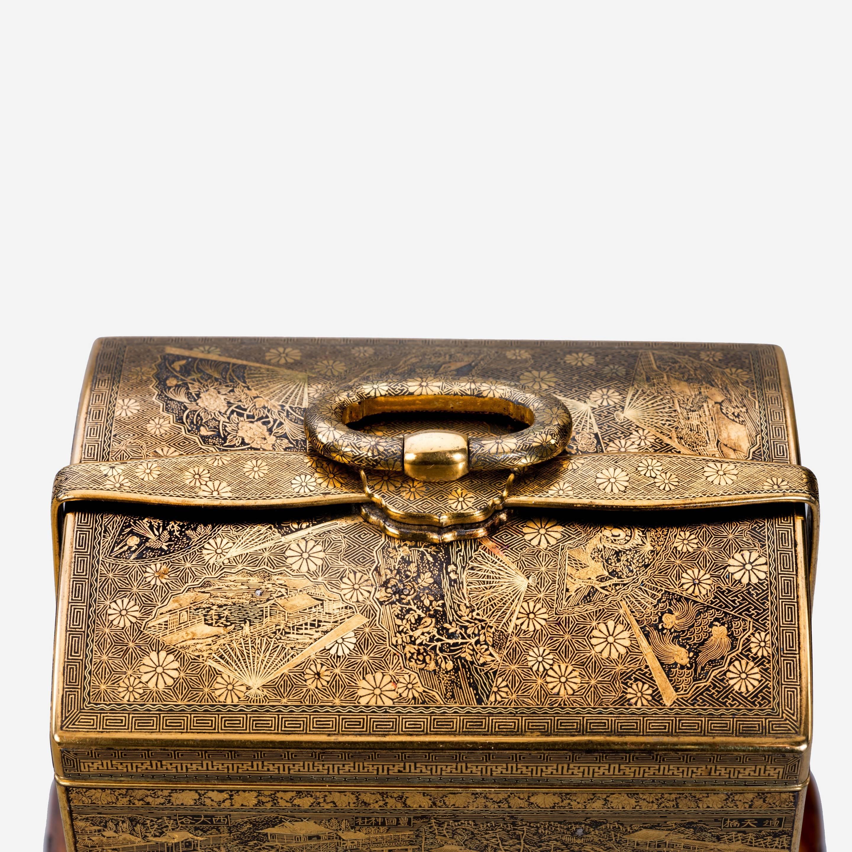 Japanese A superb and rare gold inlaid iron jubako (lunch box) by Komai of Kyoto