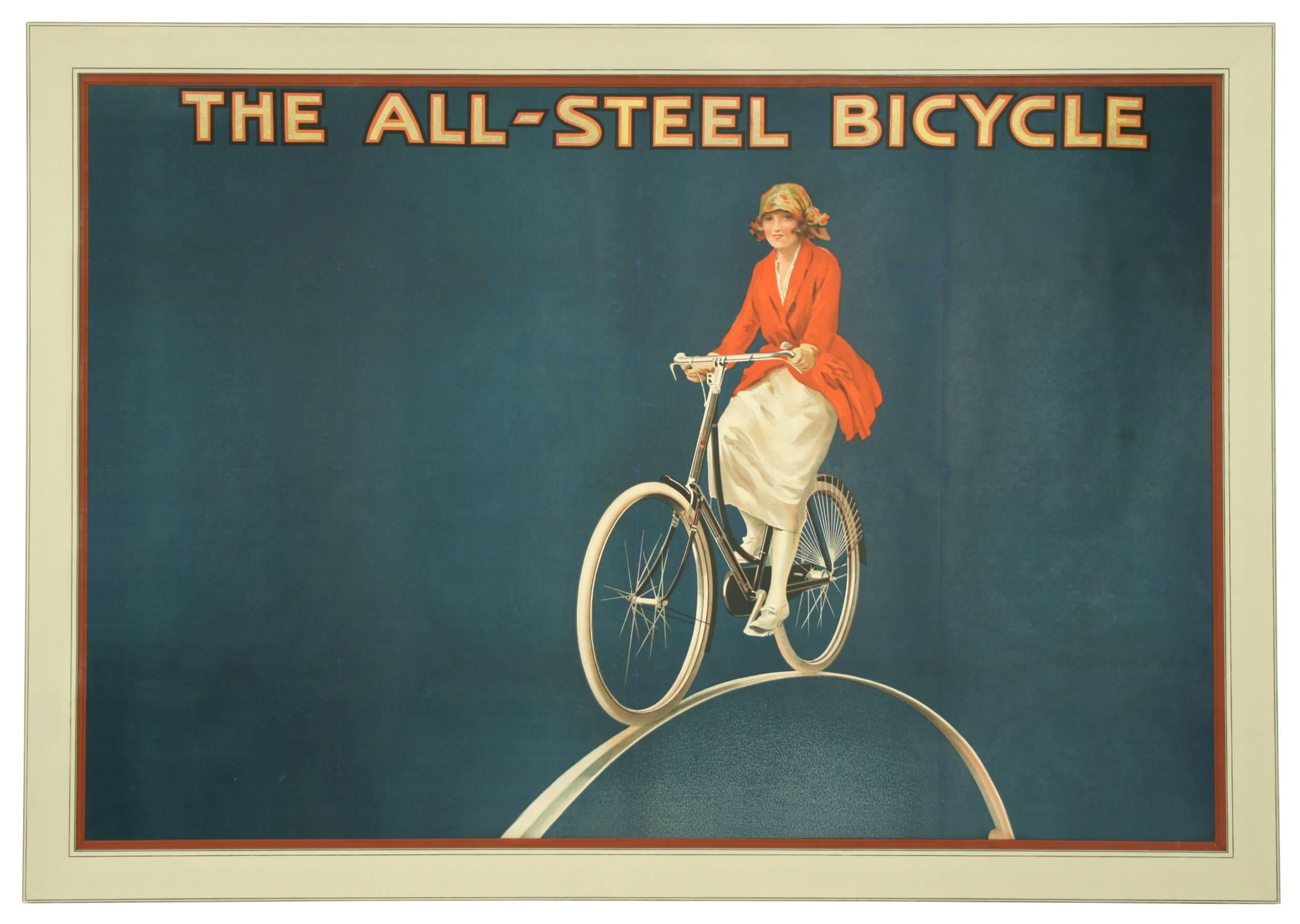 Vintage Raleigh Bicycle Advertising Poster.
A very evocative original Raleigh poster from the 1920s. The image shows a ‘modern’ independent woman on her All-Steel Raleigh bicycle, this image also appeared on some of Raleigh’s catalogues during the
