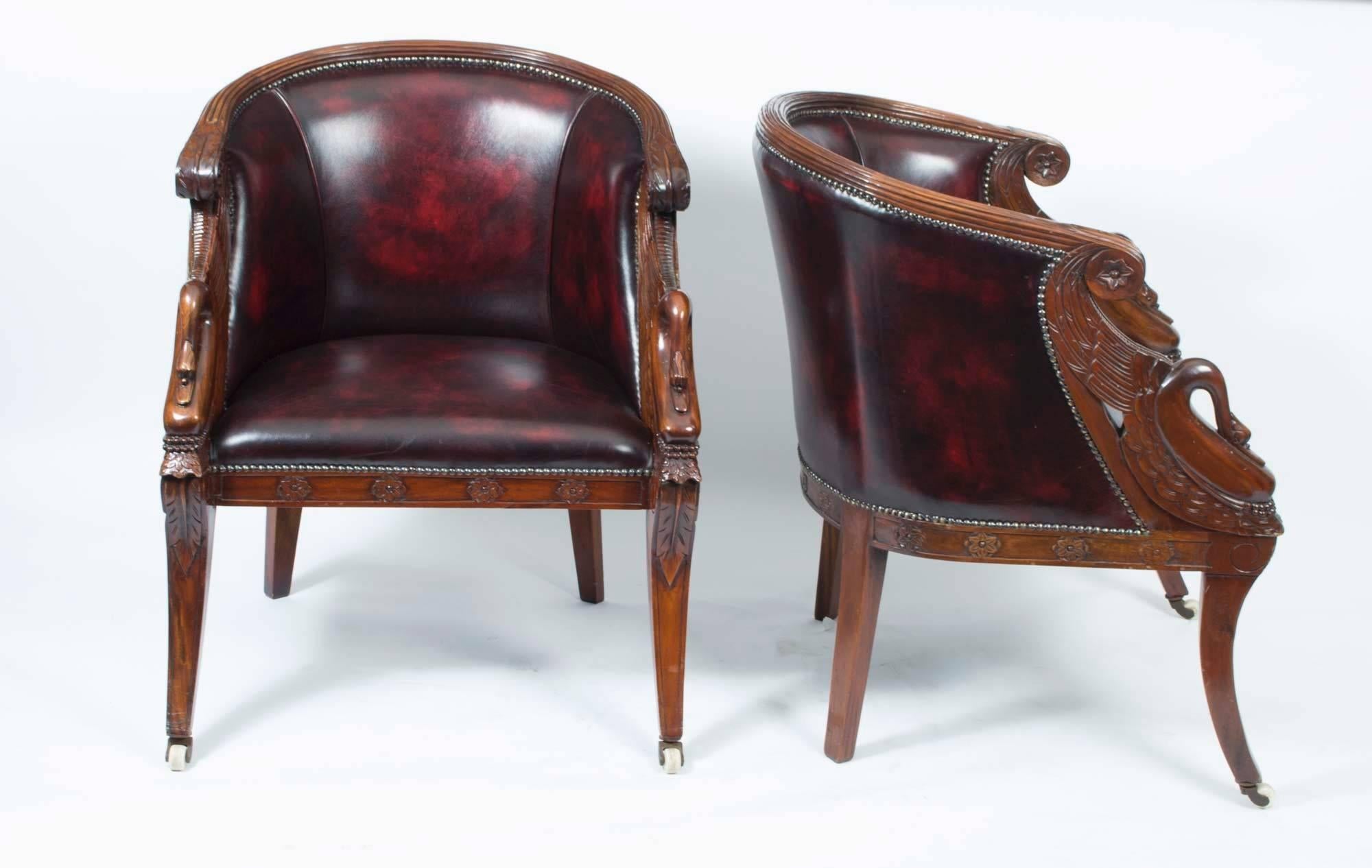 French Vintage Pair of Empire Mahogany Leather Tub Armchairs