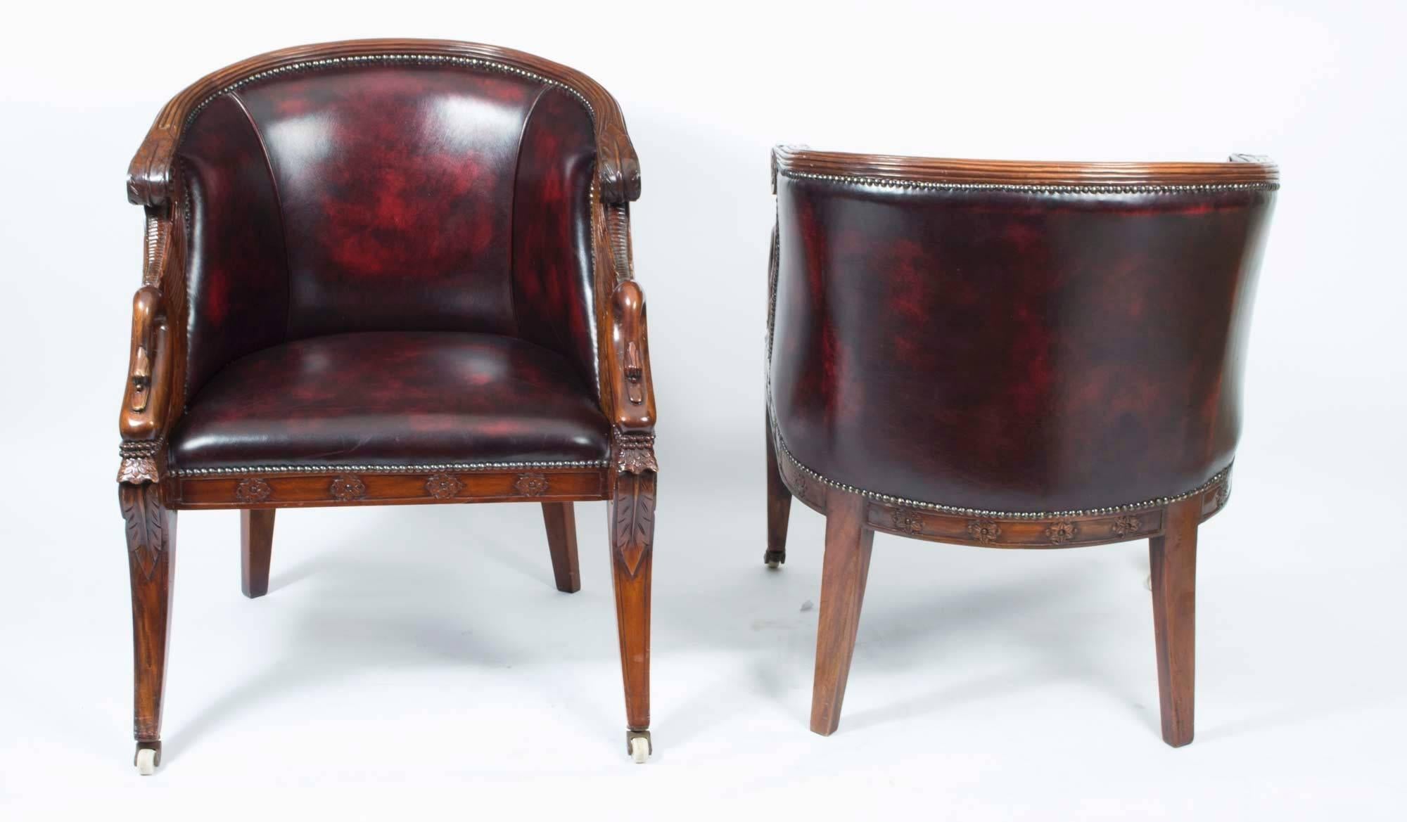 Vintage Pair of Empire Mahogany Leather Tub Armchairs In Excellent Condition In London, GB