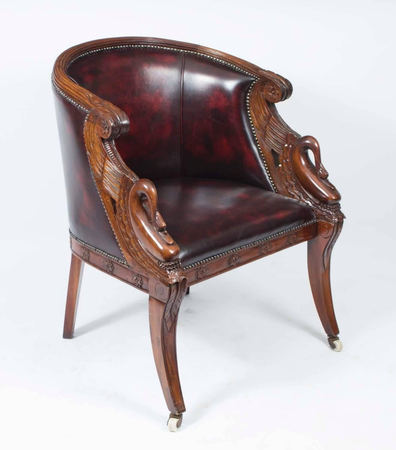 20th Century Vintage Pair of Empire Mahogany Leather Tub Armchairs