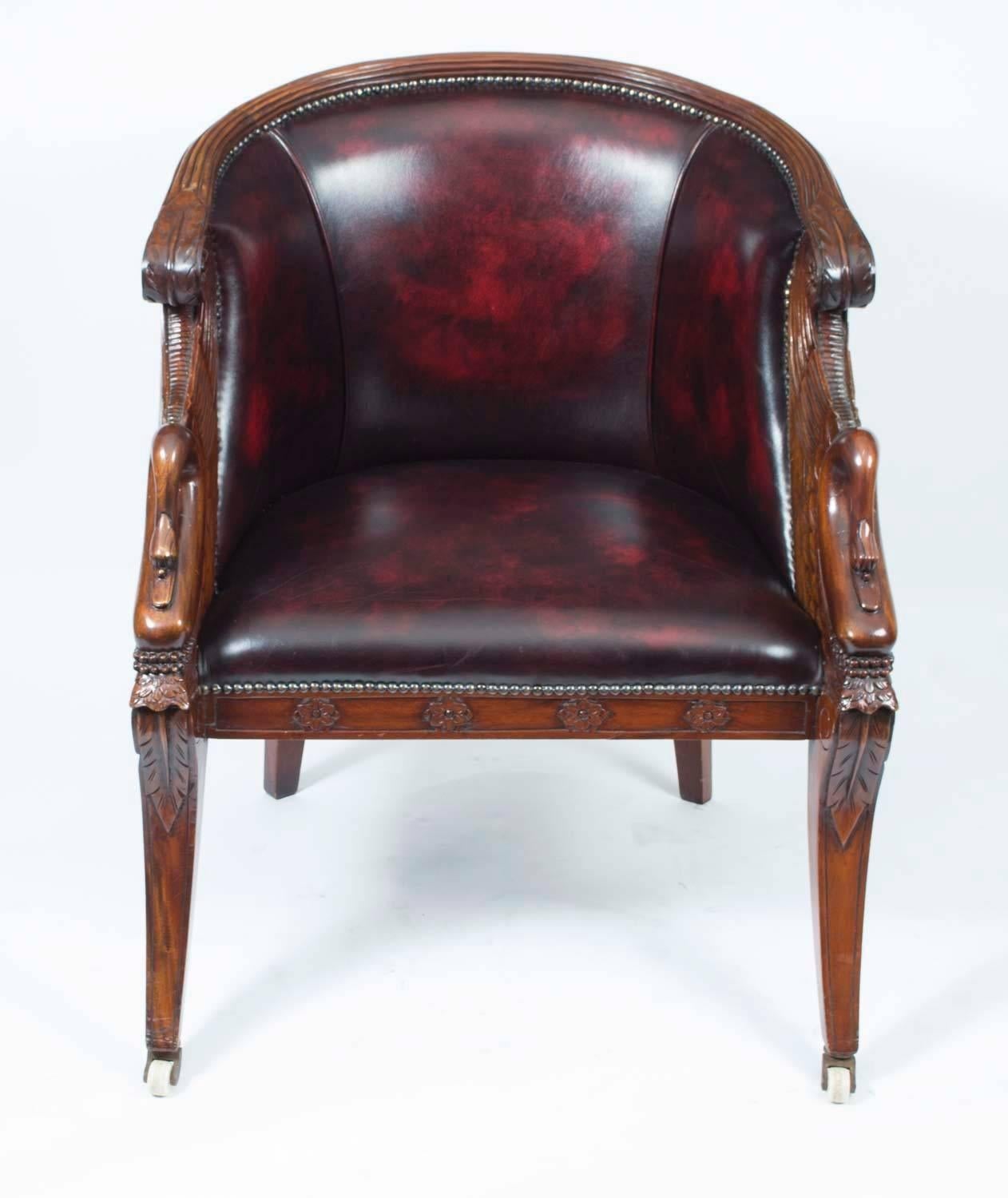 Vintage Pair of Empire Mahogany Leather Tub Armchairs 2