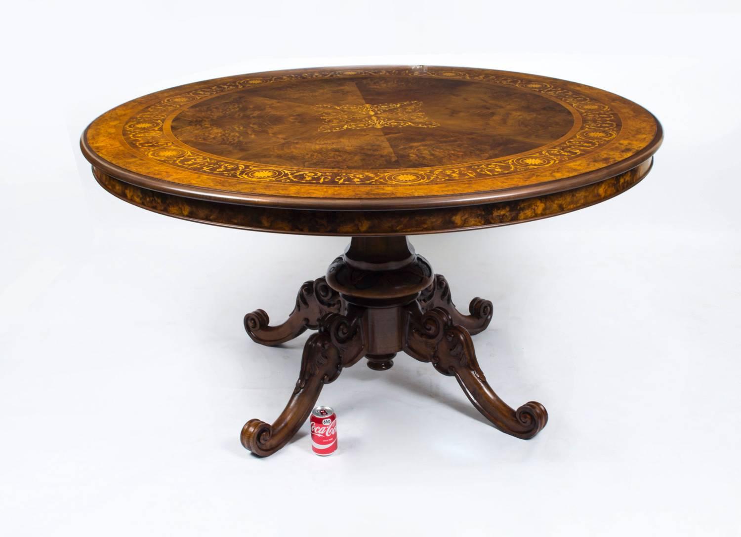 English Victorian Walnut Marquetry Loo Table