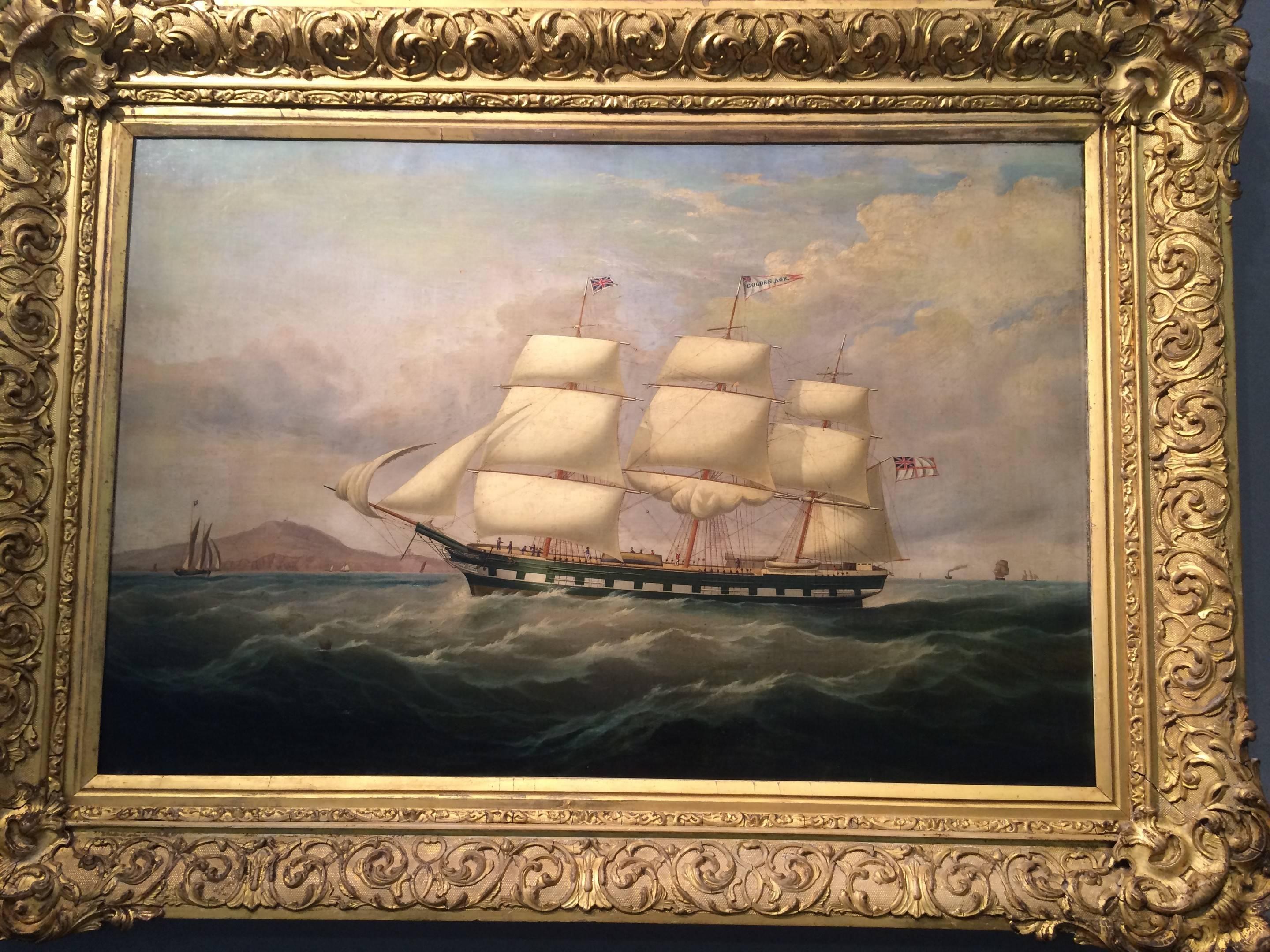 An early 19th century oil on canvas of a three masted ship in the original swept gilt frame, named the golden age on the flag on the middle mast
