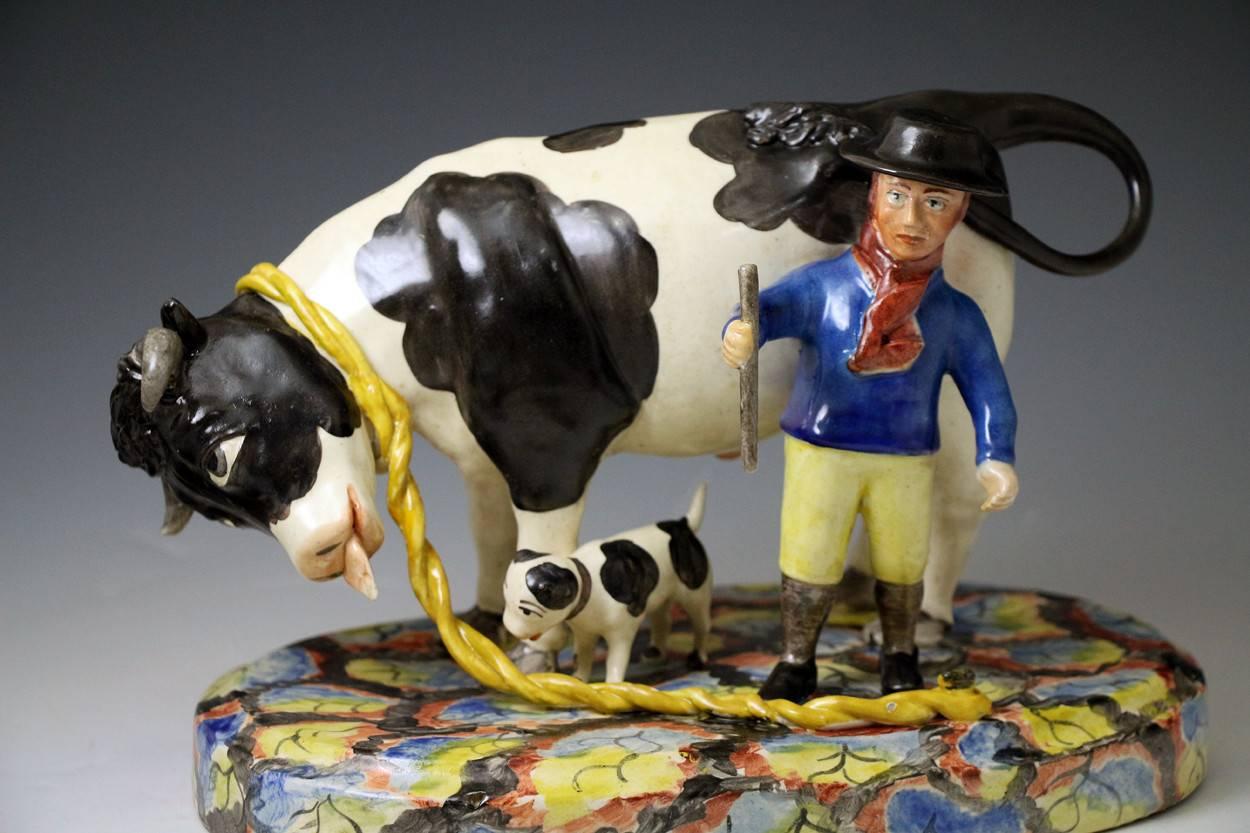 Staffordshire pottery pearlware bull baiting group early 19th century England In Good Condition In Woodstock, OXFORDSHIRE