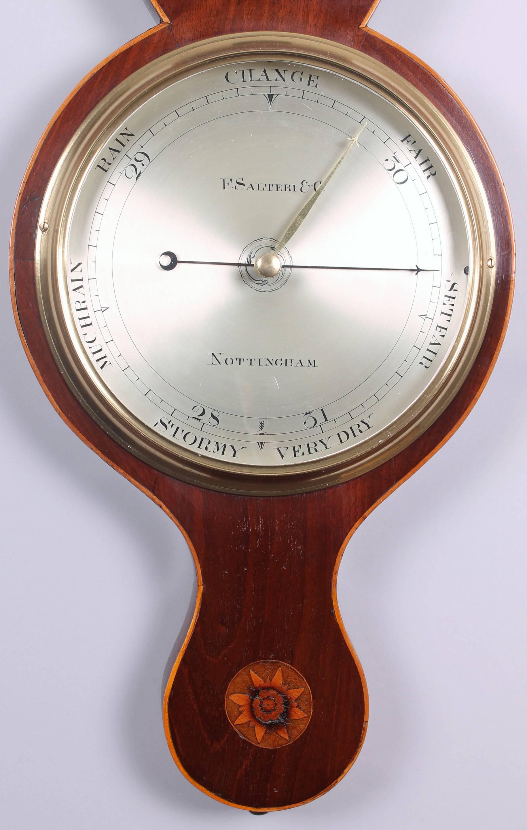English Sheraton Style Mahogany Wheel Barometer by Salteri