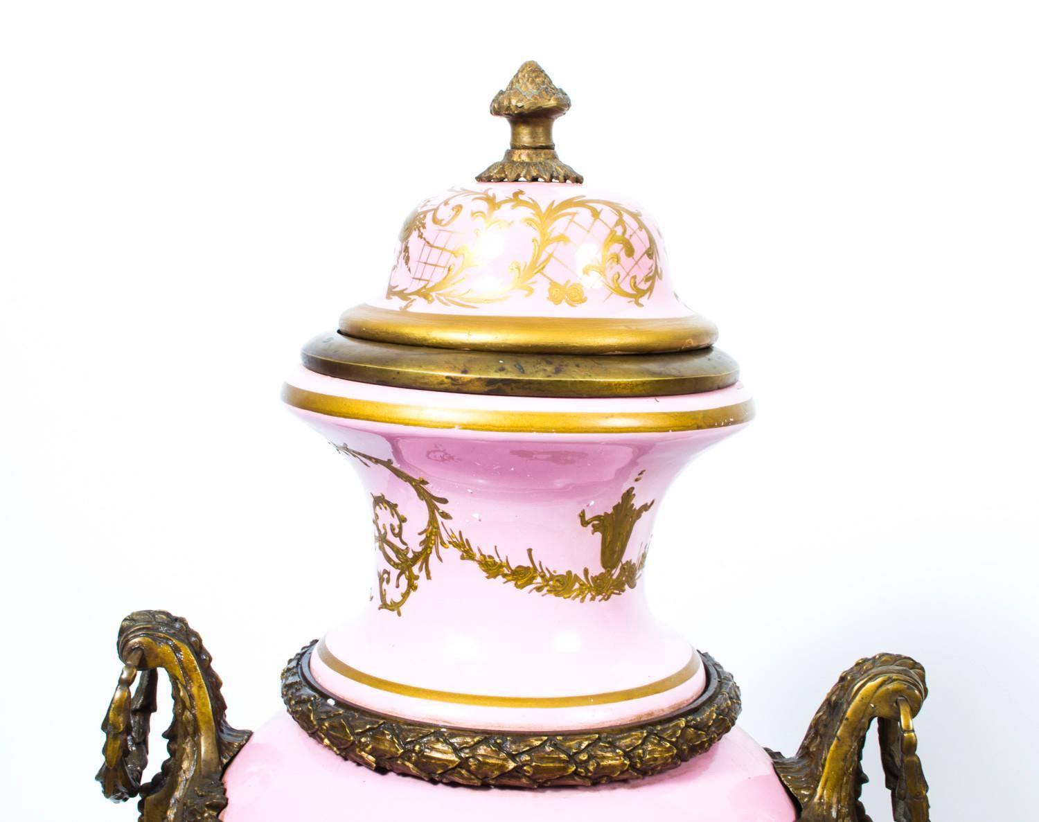 French Vintage Huge Pair Sevres Style Porcelain and Ormolu Vases