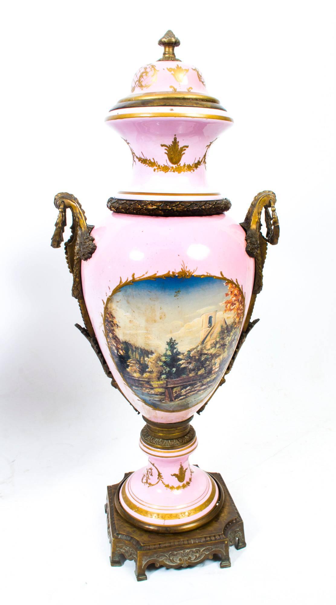 Vintage Huge Pair Sevres Style Porcelain and Ormolu Vases 3