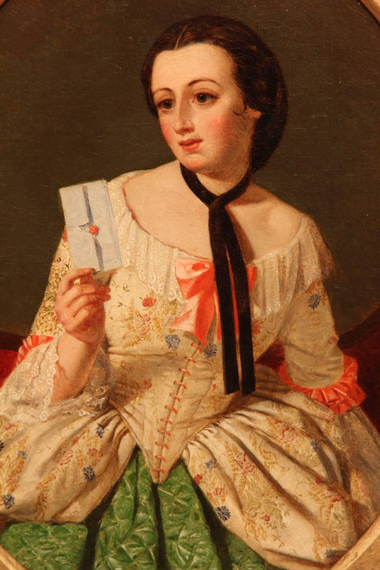 "The Letter" oil painting attributed to Philip Hoyoll. Philip Hoyoll, 1816-1875 was a figurative painter studied Dusseldorf Academy, oil on canvas, 12 x 9" oval. 

Measures: Frame:
Height 17.5" (44.5cm),
width 15.25"