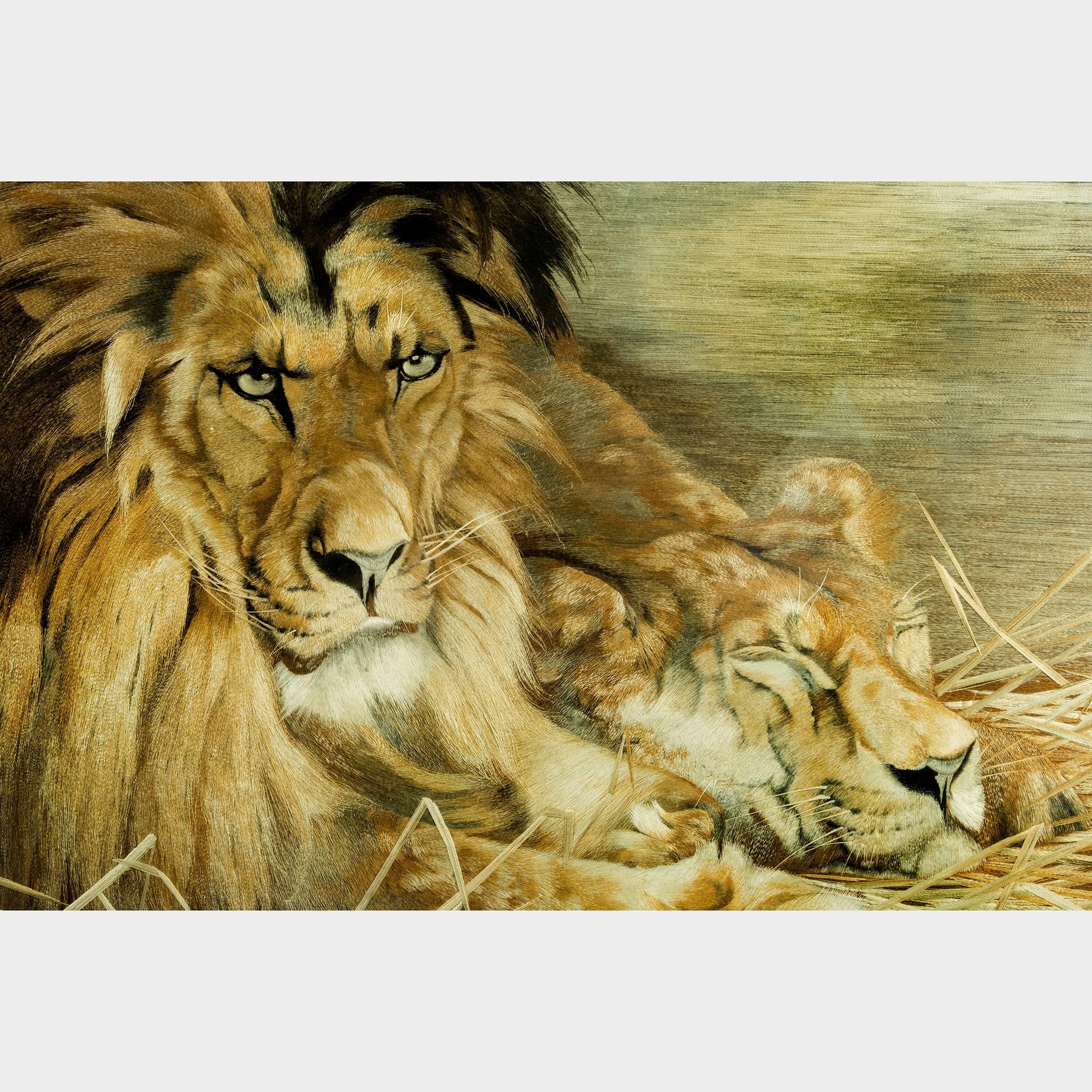 Japanese Outstanding Exhibition Quality Meiji Period Silk Embroidery of a Lion and Lio