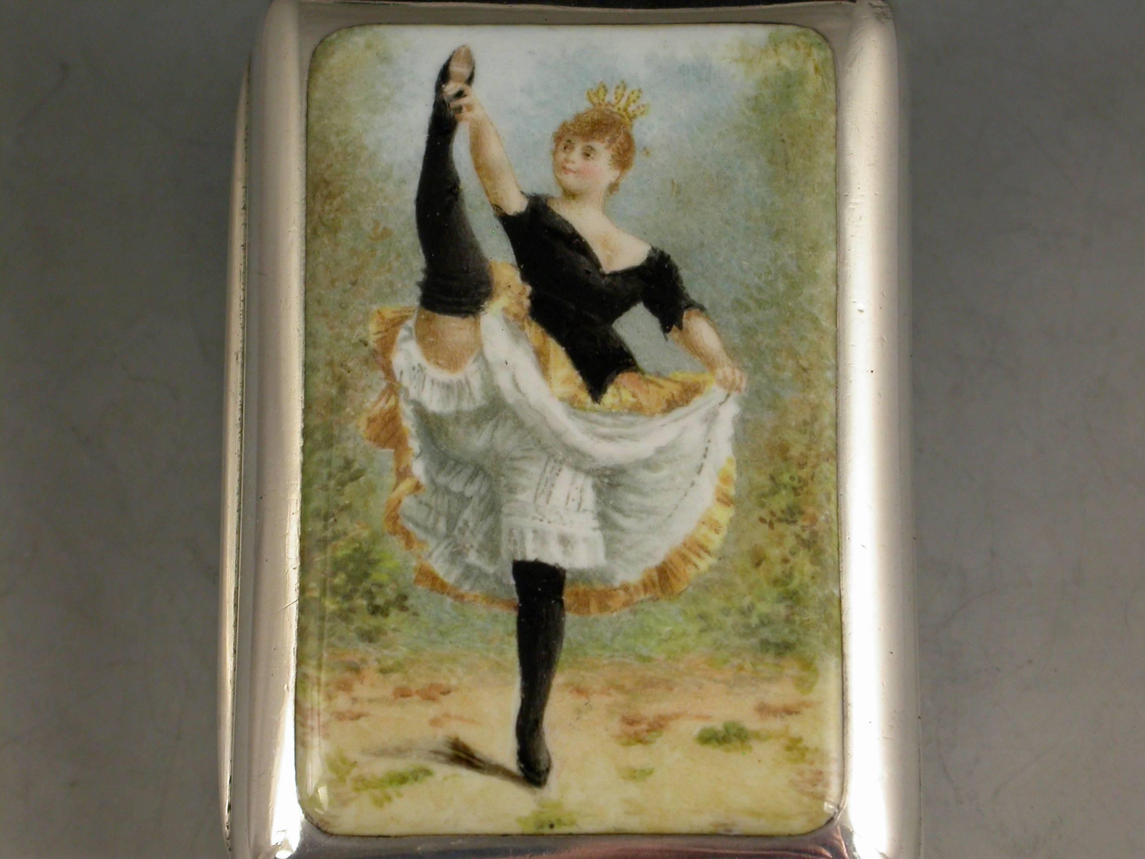 19th Century Victorian Antique Silver and Enamel 'Can-Can Girl' Vesta Case