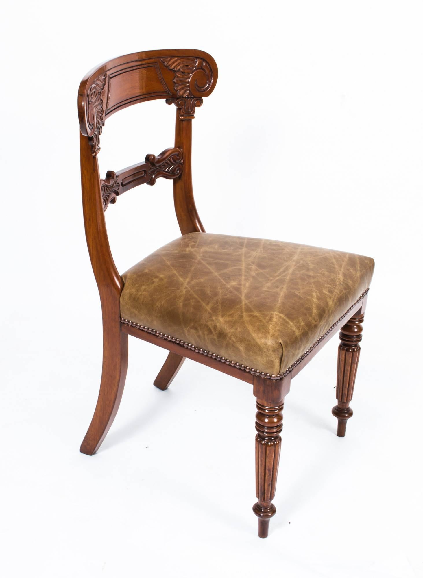 This is a lovely set of six Regency mahogany dining chairs, in the manner of Gillows, circa 1820 in date. 

They have cresting rails beautifully carved with scrolling leaf motifs, lyre pattern design. The seats are upholstered in distressed light