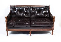 Classic Mahogany Dark Brown Button Back Leather Sofa