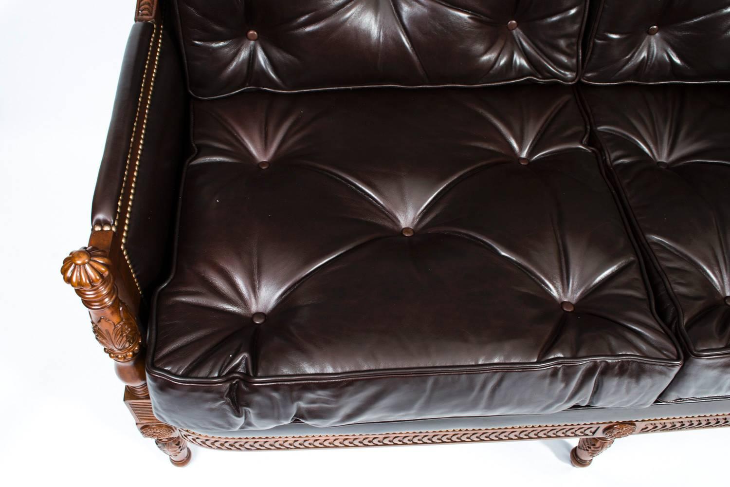 English Classic Mahogany Dark Brown Button Back Leather Sofa