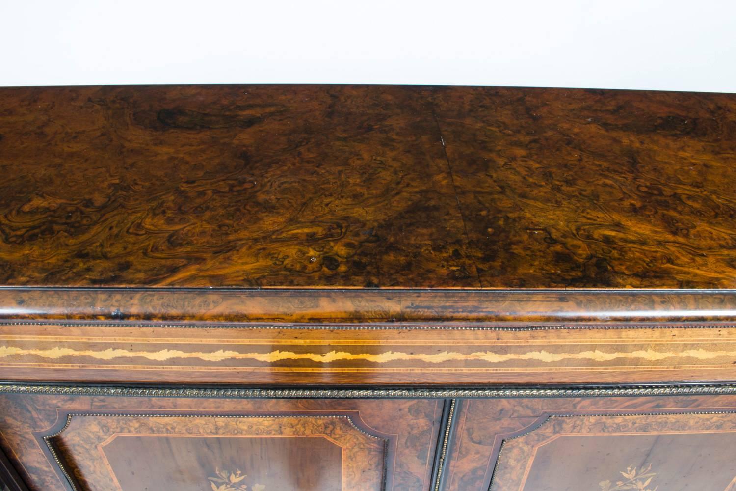 English Antique Victorian Burr Walnut Marquetry Credenza, circa 1860