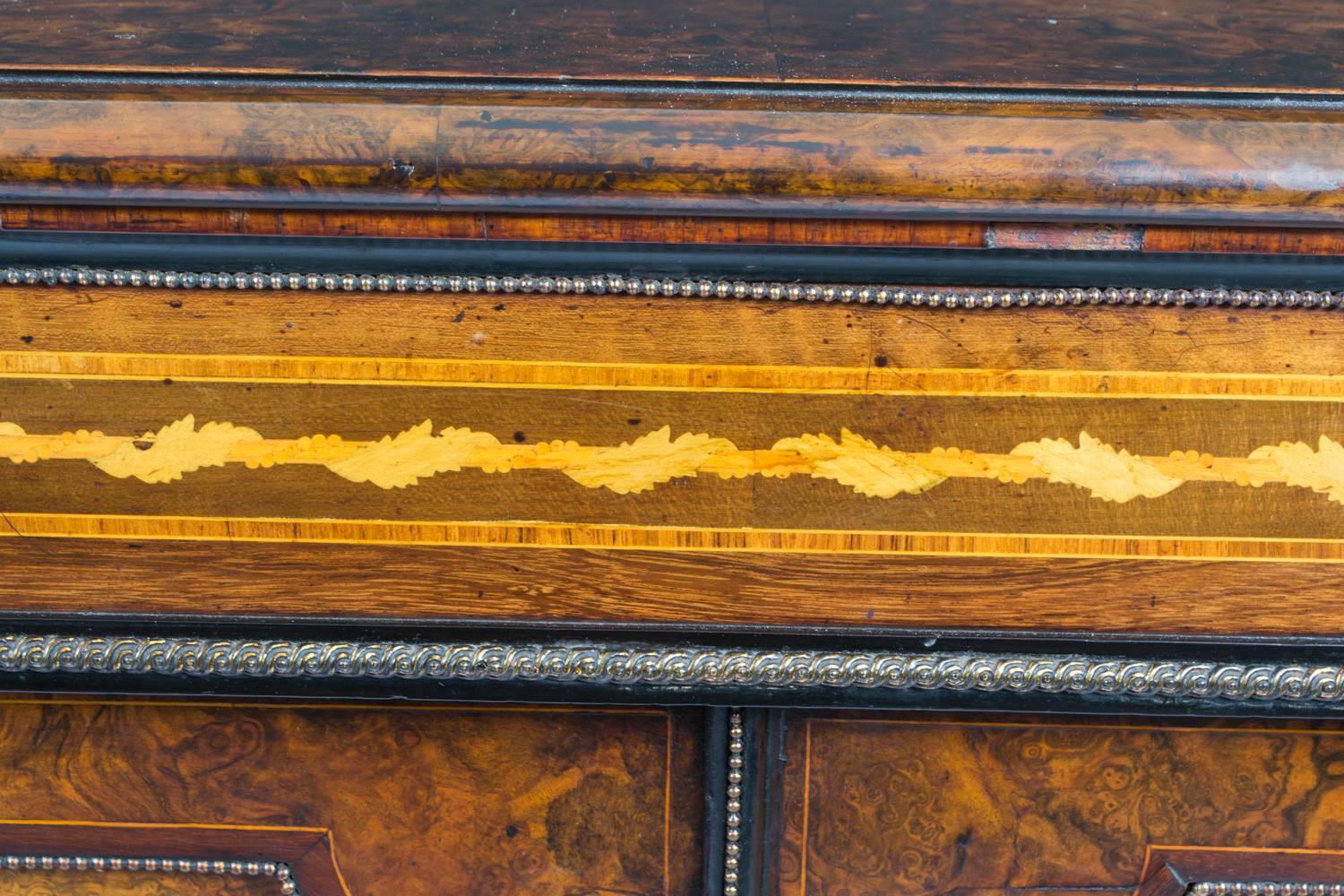 Glass Antique Victorian Burr Walnut Marquetry Credenza, circa 1860