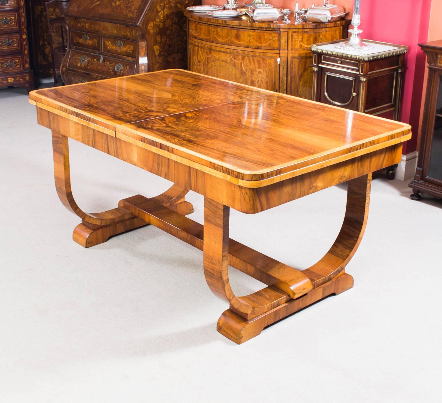 English Antique Art Deco Burr Walnut Dining Table and Six Chairs, circa 1930