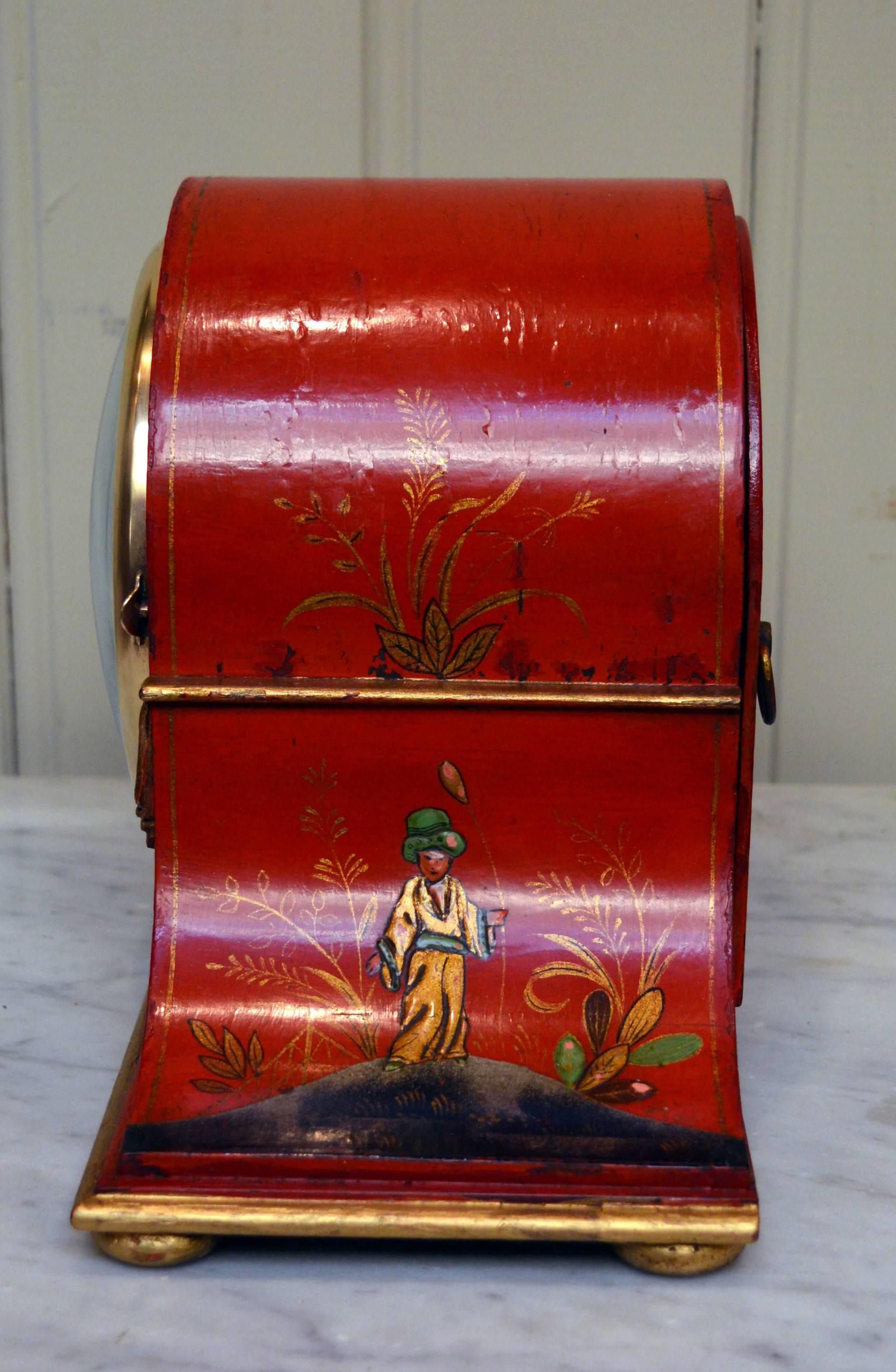 Red Chinoiserie Napoleon Hat Mantel Clock In Good Condition For Sale In Buckinghamshire, GB