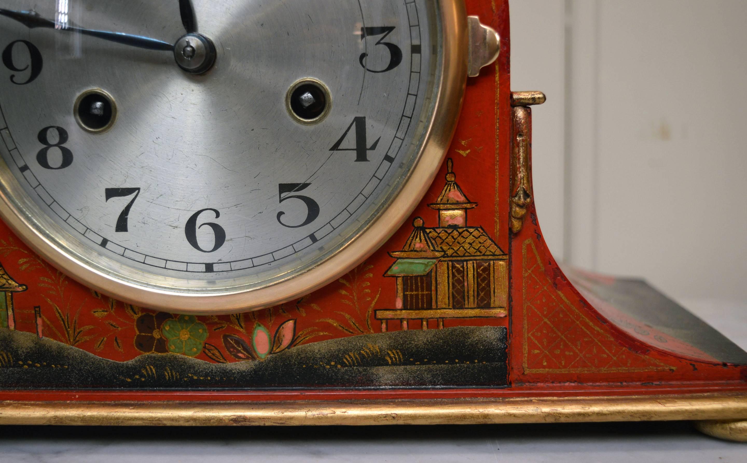 20th Century Red Chinoiserie Napoleon Hat Mantel Clock For Sale