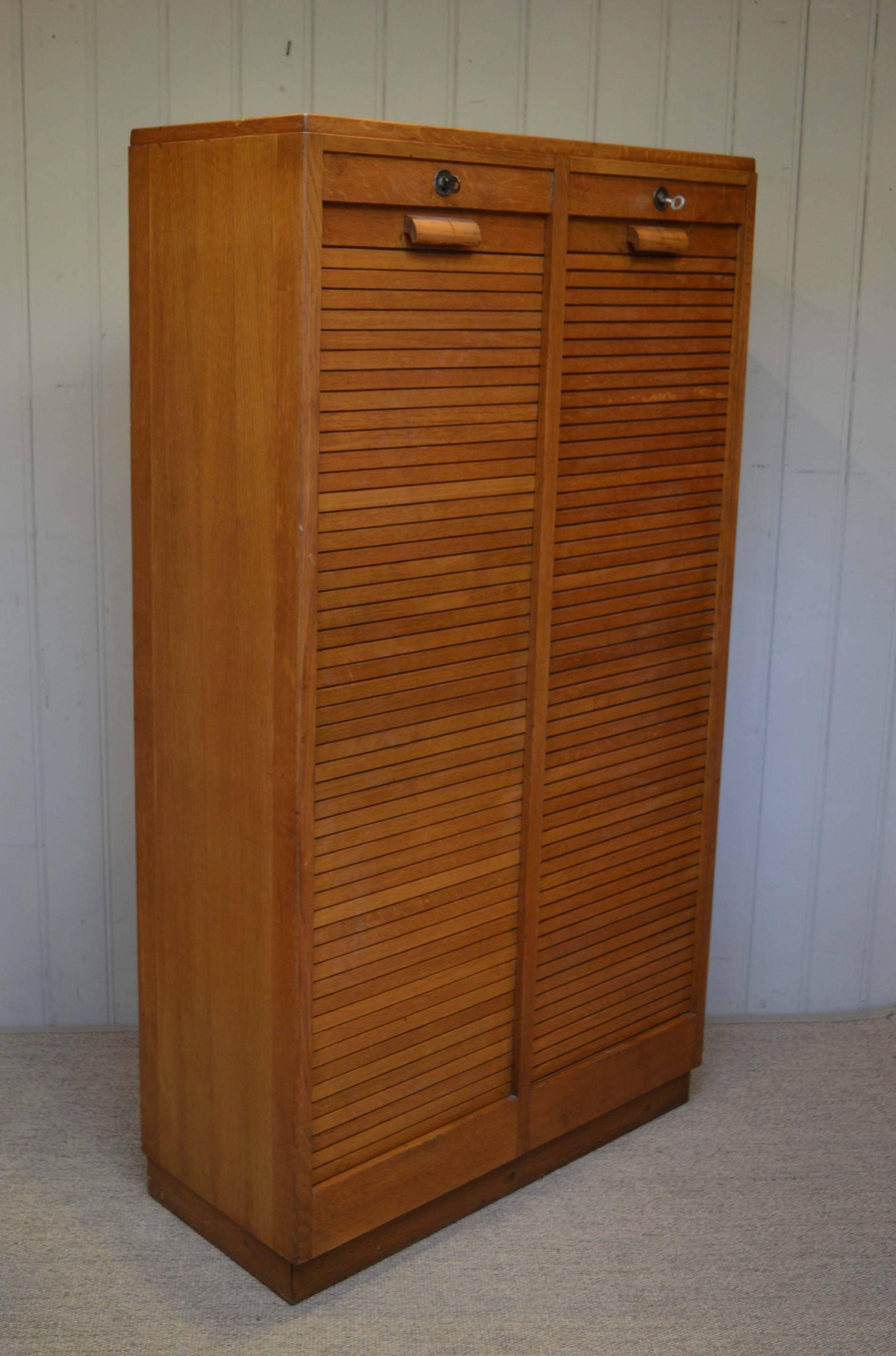 20th Century French Oak Double Tambour Front Filing Cabinet