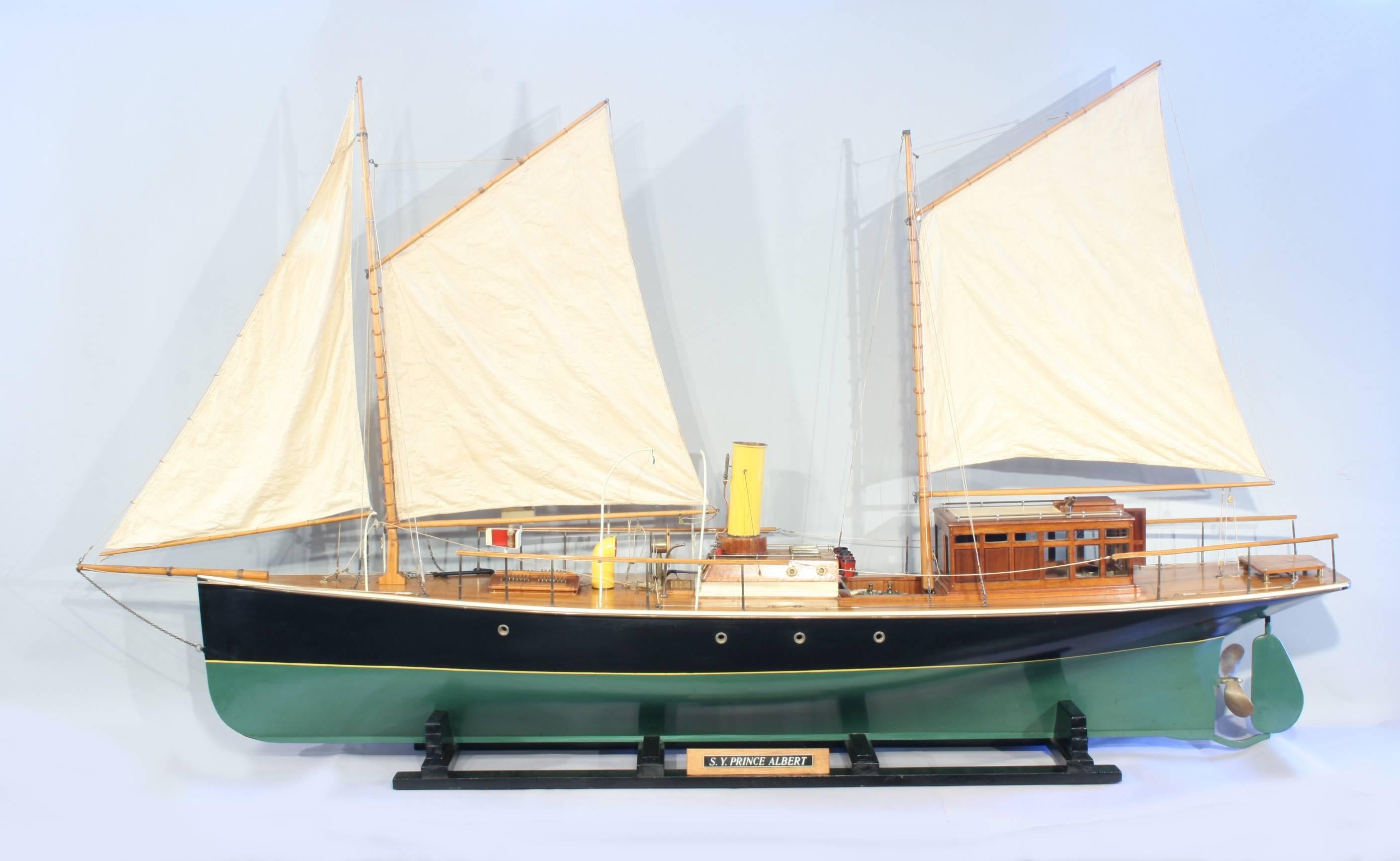 Probably a boat builders model of S.Y. Prince Albert Steam Yacht.
An exceptional museum-quality model of the steam yacht, Prince Albert'. The fine shipbuilder's model is outfitted with a raised paneled mahogany cabin with glazing with working hatch