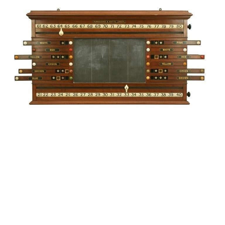 Burroughes & Watts billiard, snooker, life pool scoreboard. 
A nice combined billiards and life pool scoreboard made of mahogany. The billiard scorer has rollers with black painted numbers, 0 to 100, and white slides to mark your score. The life