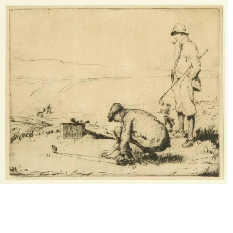 Golfing picture, dry point etching by John R. Barclay.
A framed black and white etching of a golfer teeing up his golf ball. He is watched by his playing partner, a caddie is walking past in the background and two more golfers can be seen on the