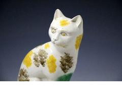 Antique English Pottery Figure of a Seated Cat with Underglaze Colours Late 18th