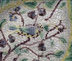 Whieldon Type Pottery Leaf Dish with Relief Decoration of a Bird in Foliage, Sta