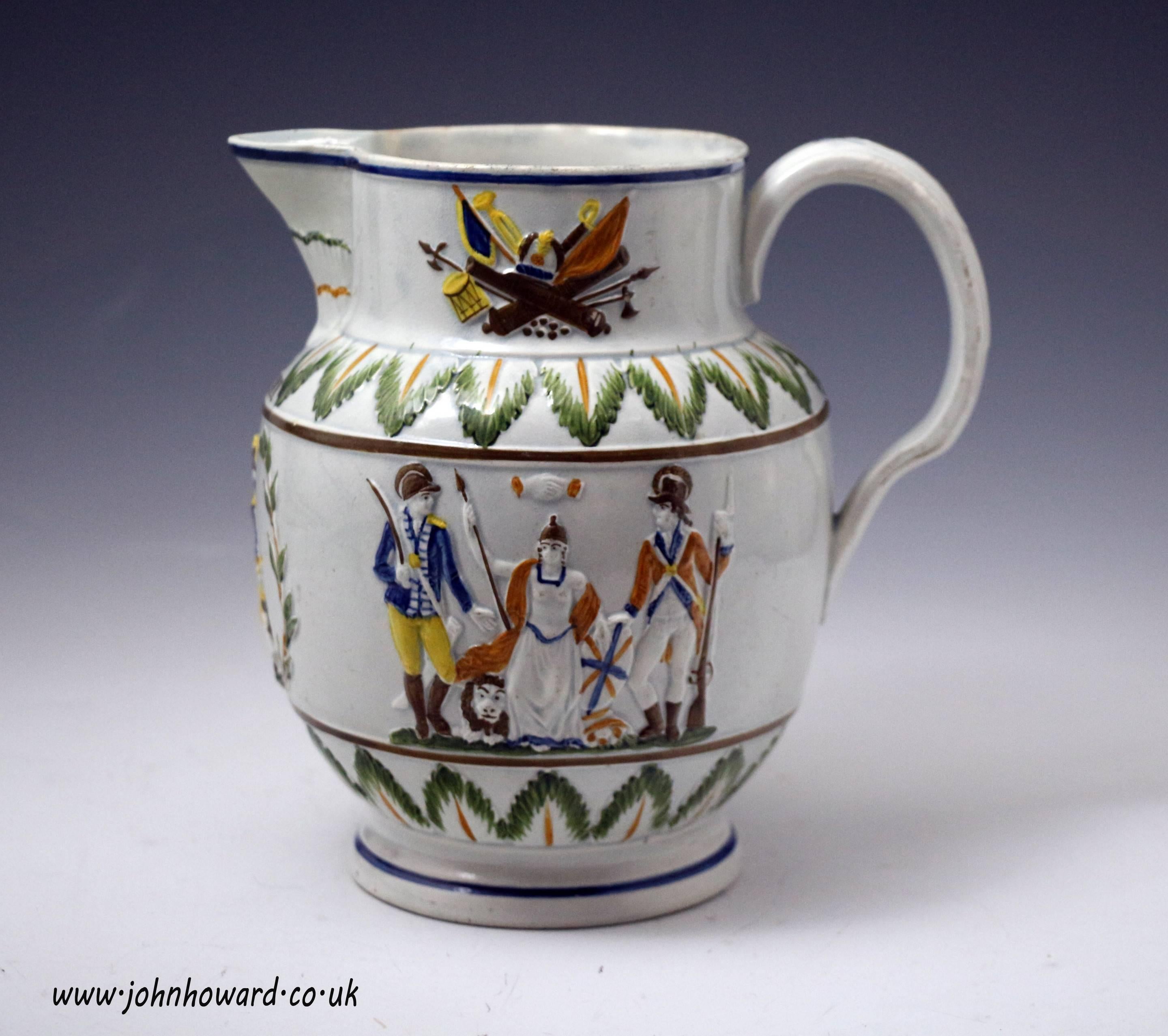 Antique English Pottery Prattware Commemorative Pitcher with Nelson and Britanni In Good Condition In Woodstock, OXFORDSHIRE
