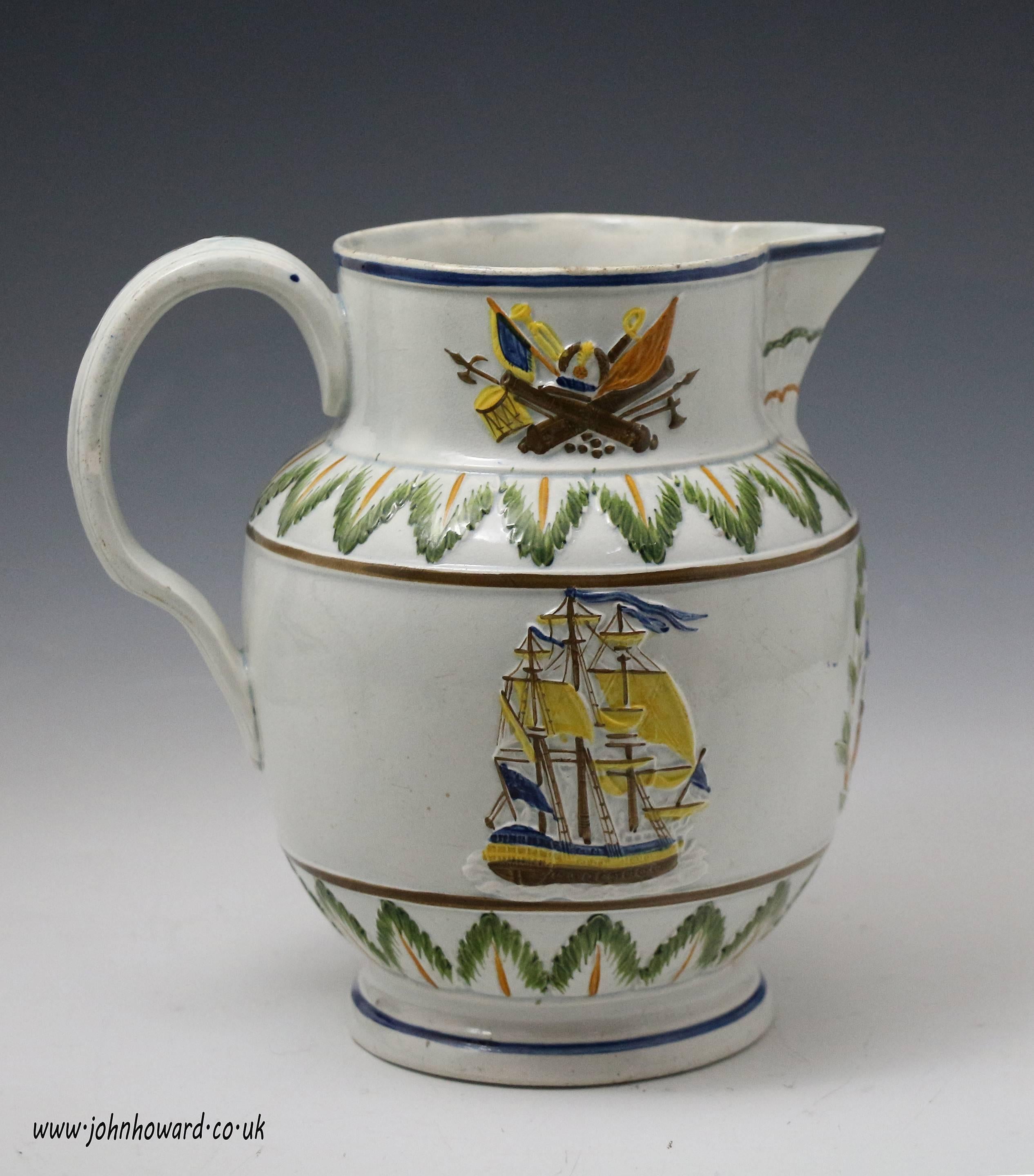 19th Century Antique English Pottery Prattware Commemorative Pitcher with Nelson and Britanni