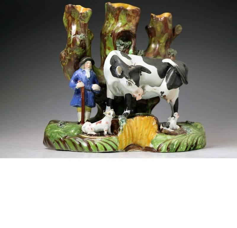 George IV Staffordshire Pottery Tree Trunk Pearlware Figure of a Cow with Farmer, English For Sale
