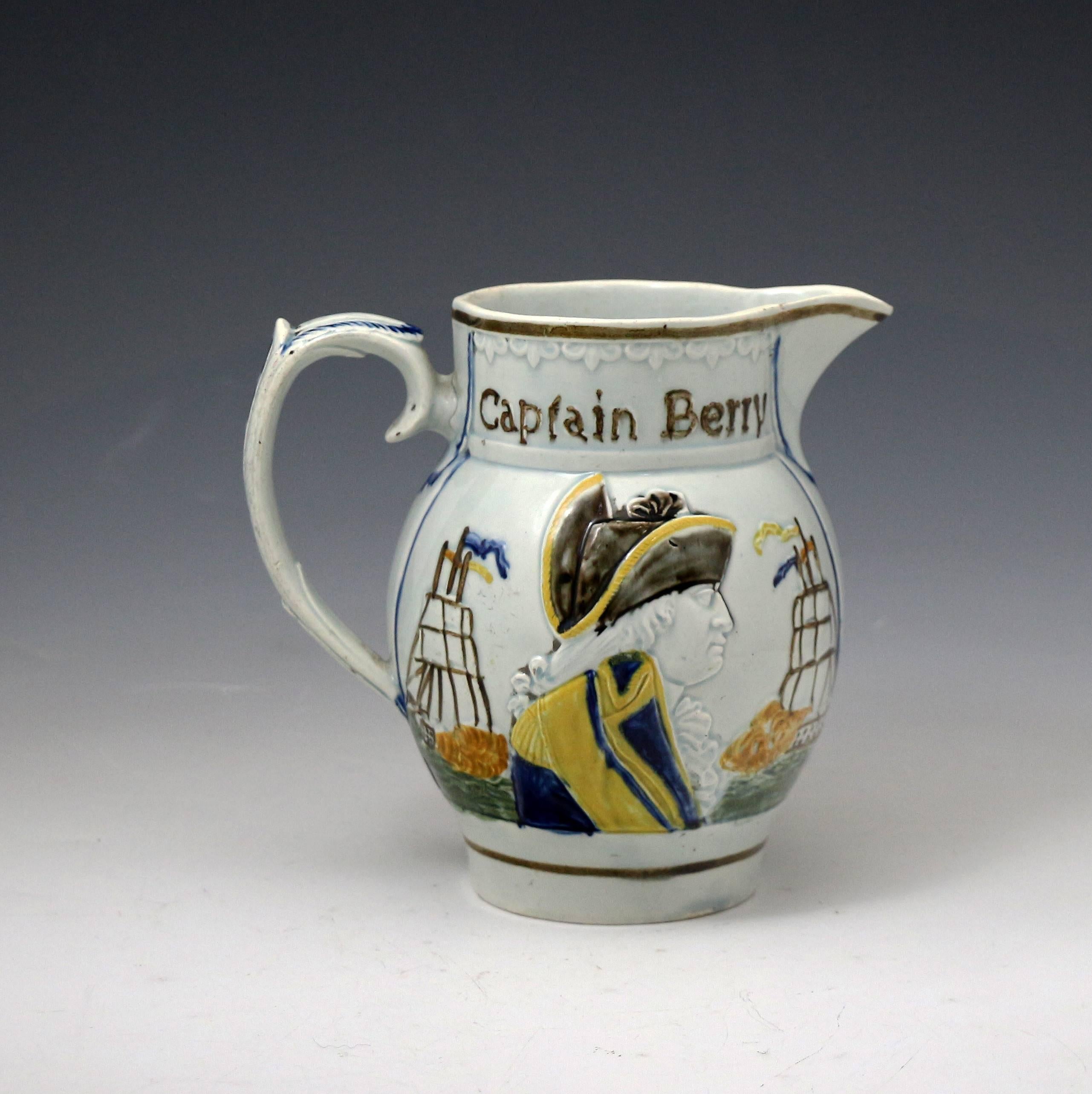 A fine prattware commemorative relief moulded pottery pitcher with images of Admiral Nelson and Captain Berry. 
The striking defined decoration is further enhanced with war ships firing cannons. 
This piece is an early 19th century example in