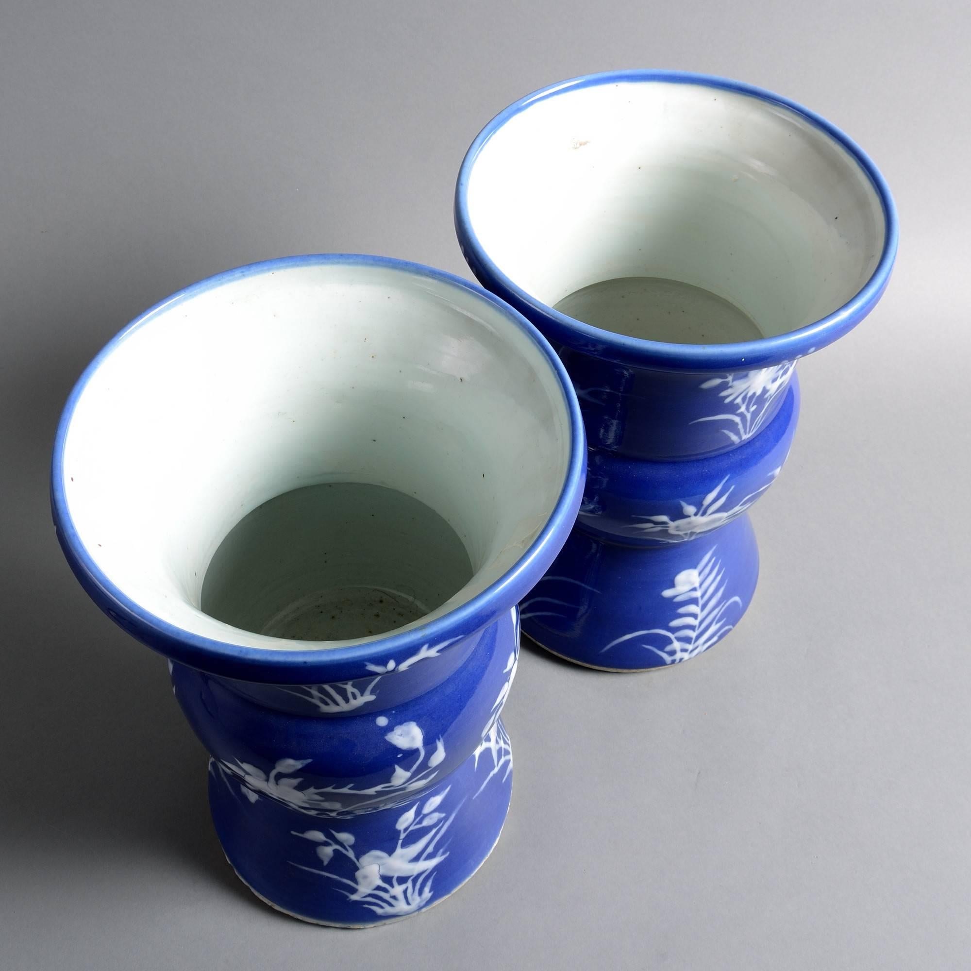 Chinese 19th Century Pair of Blue Ground Porcelain Beaker Vases