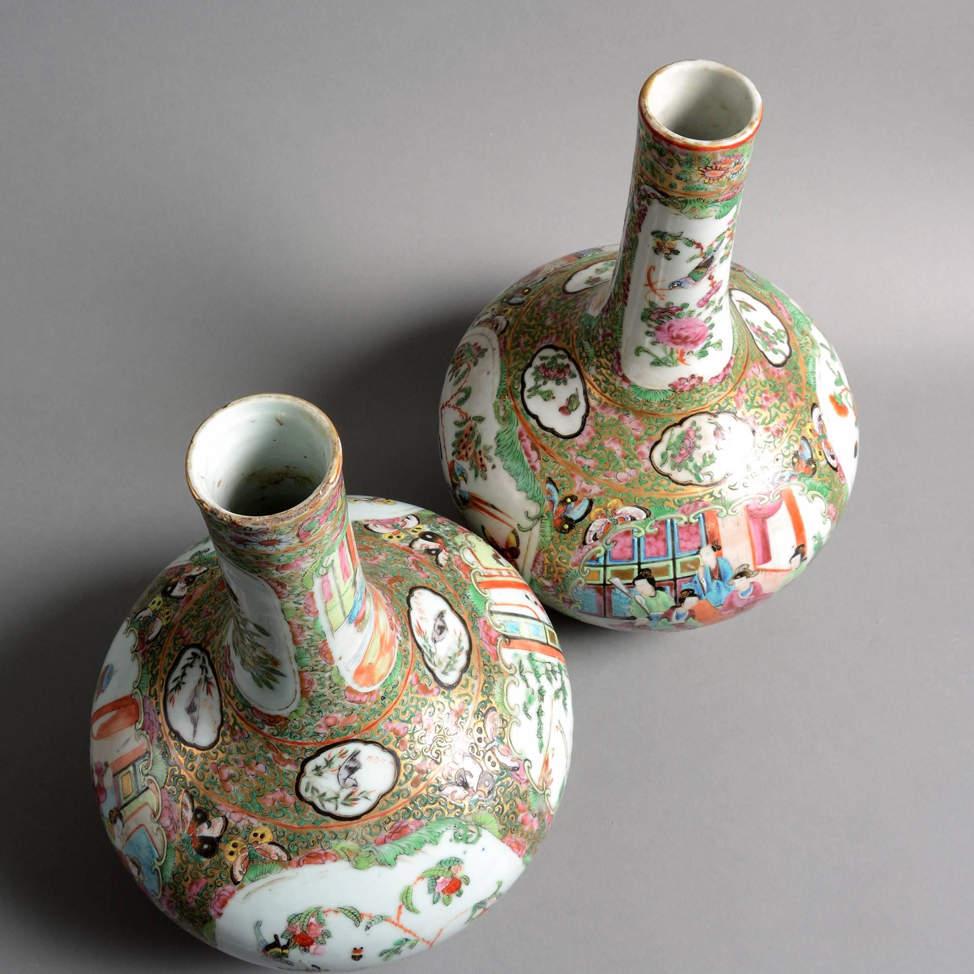 Chinese Pair of 19th Century Canton Porcelain Bottle Vases