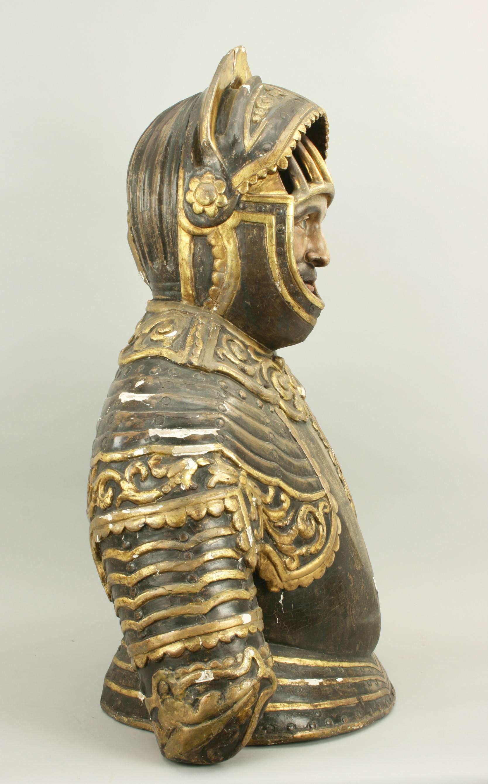 Baroque Buste ancien d'un chevalier espagnol, sculpté à la main avec gesso et peinture d'origine en vente