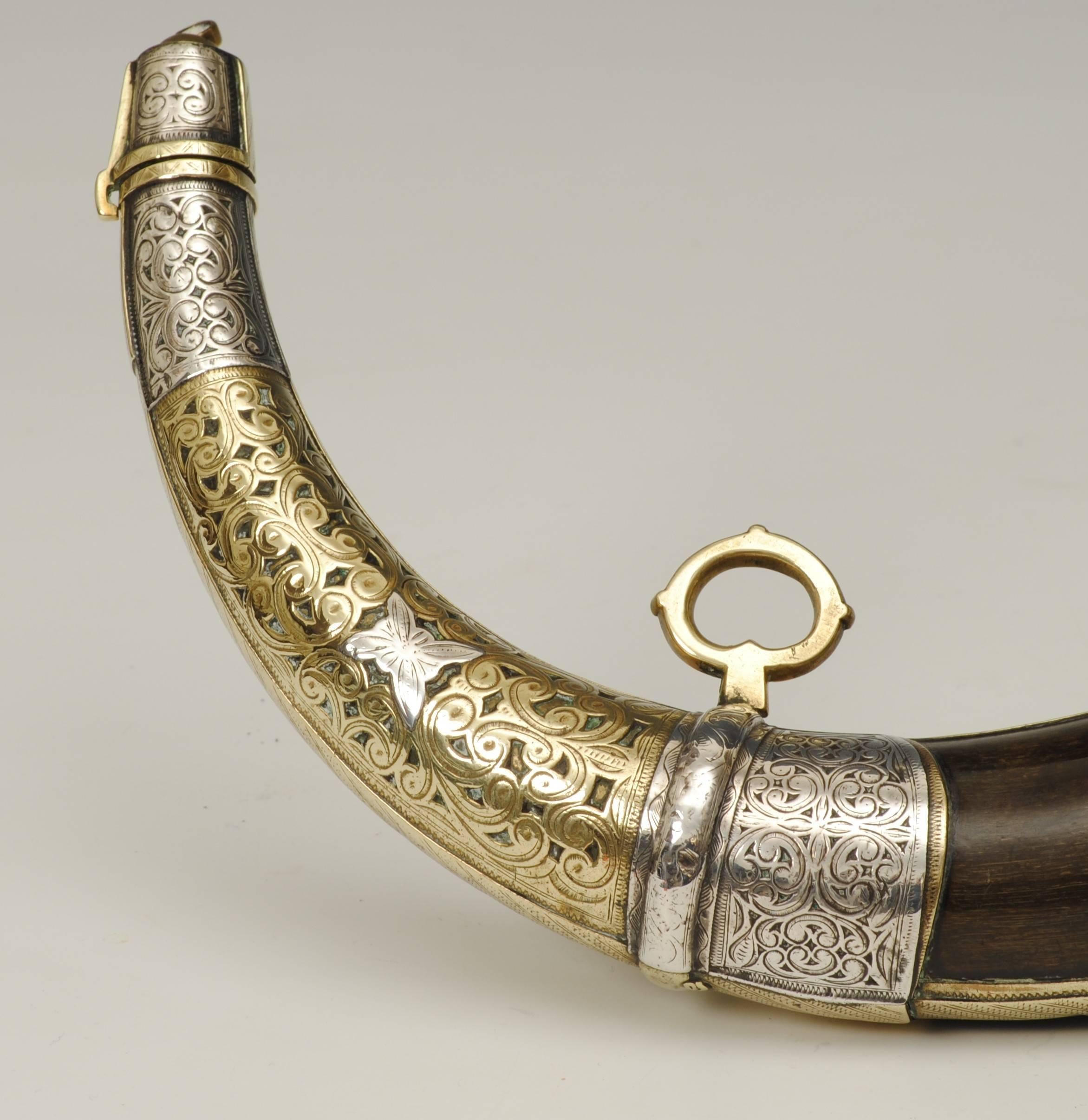 Islamic Brass and Silver Powder Horn In Good Condition In Lincolnshire, GB