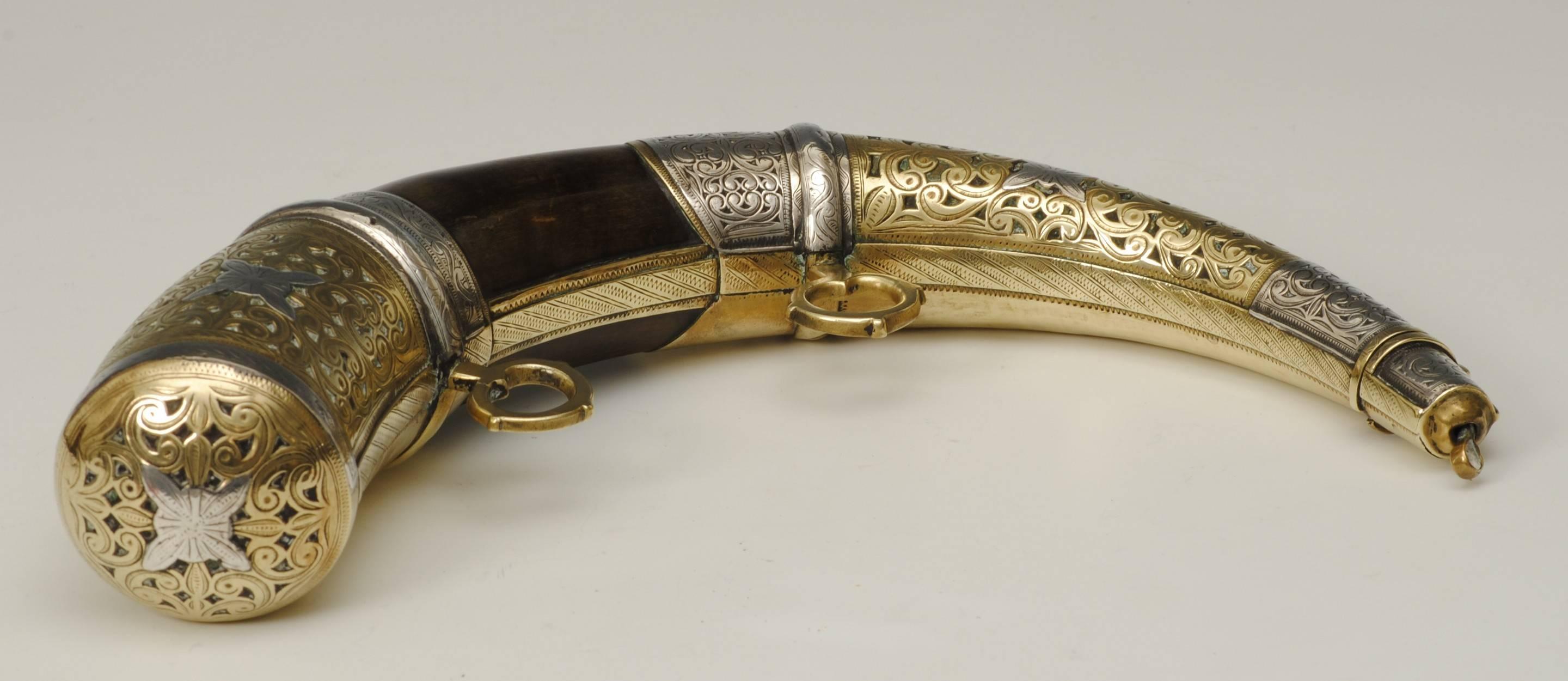 19th Century Islamic Brass and Silver Powder Horn