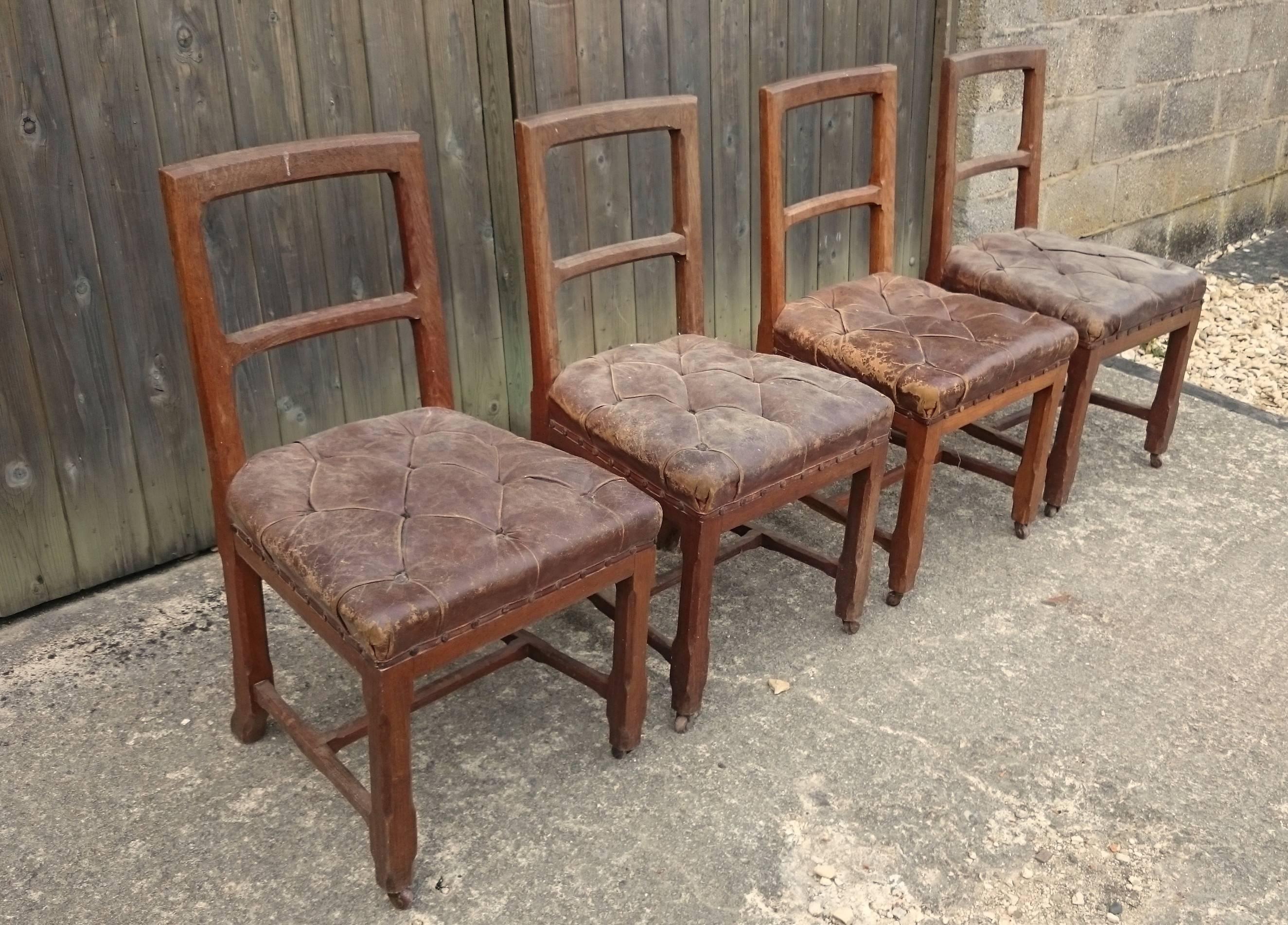 British Original Leather Oak Gothic Revival Set of Four Chairs For Sale