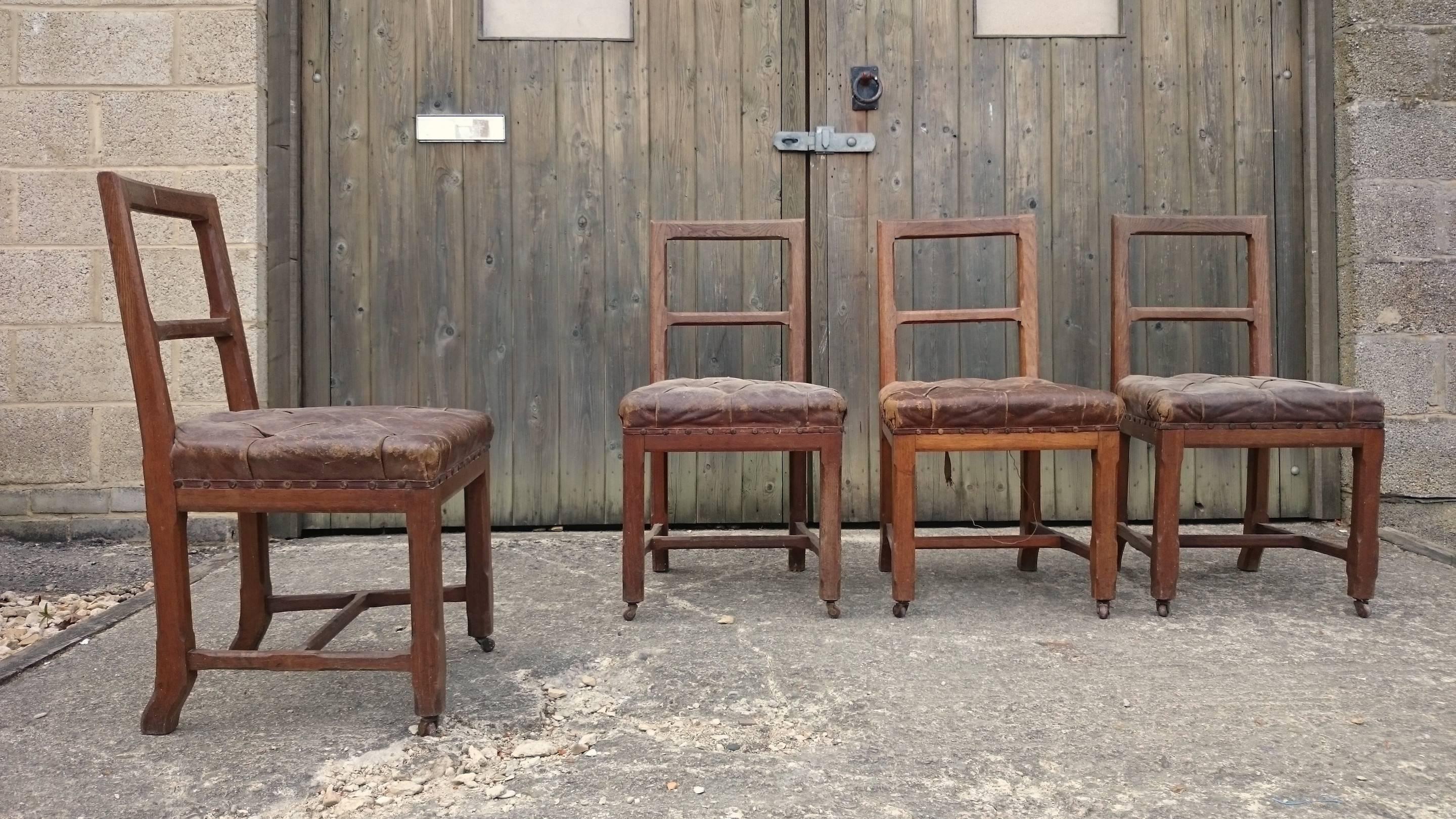 19th Century Original Leather Oak Gothic Revival Set of Four Chairs For Sale