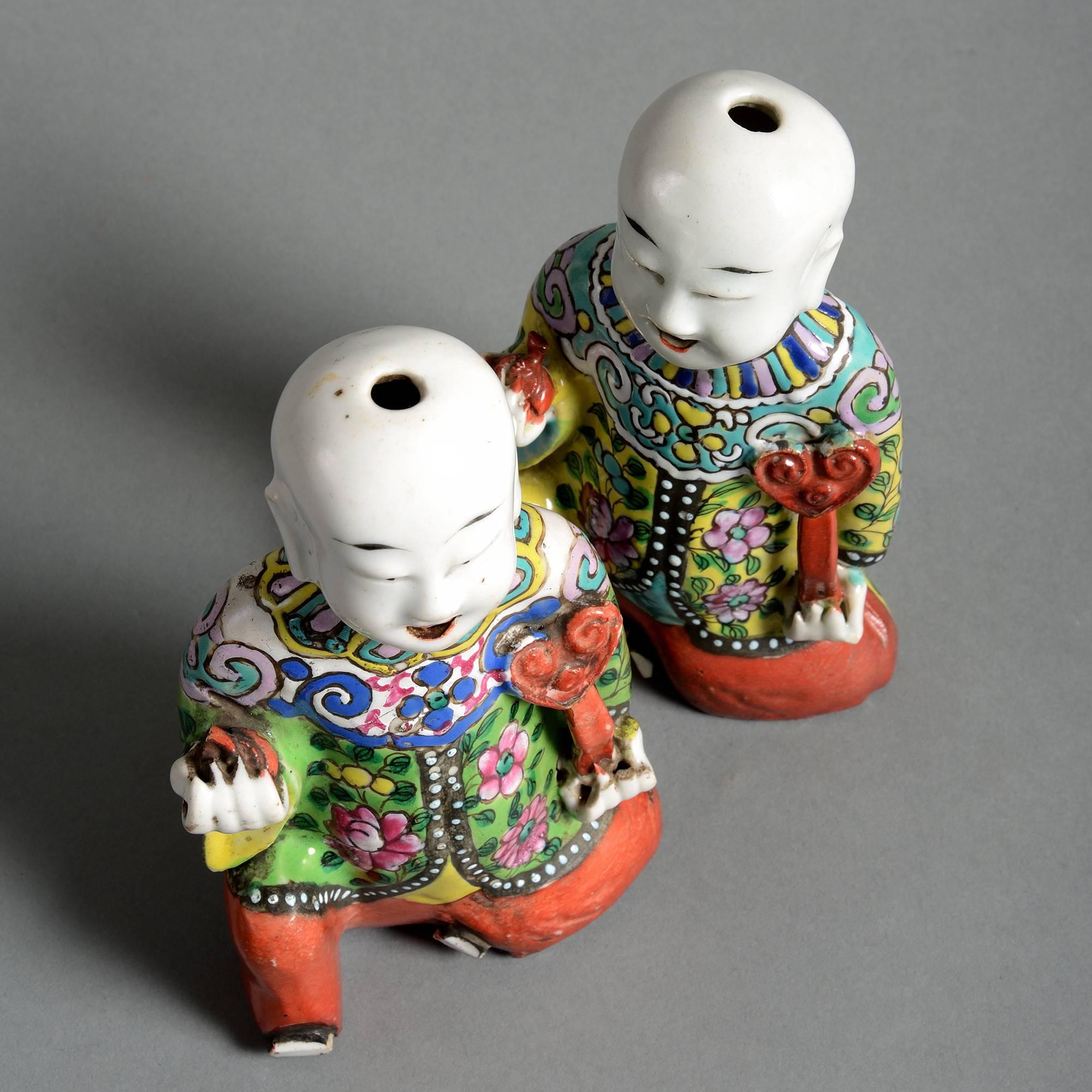 Pair of Early 19th Century Porcelain Chinese Laughing Boys In Good Condition In London, GB