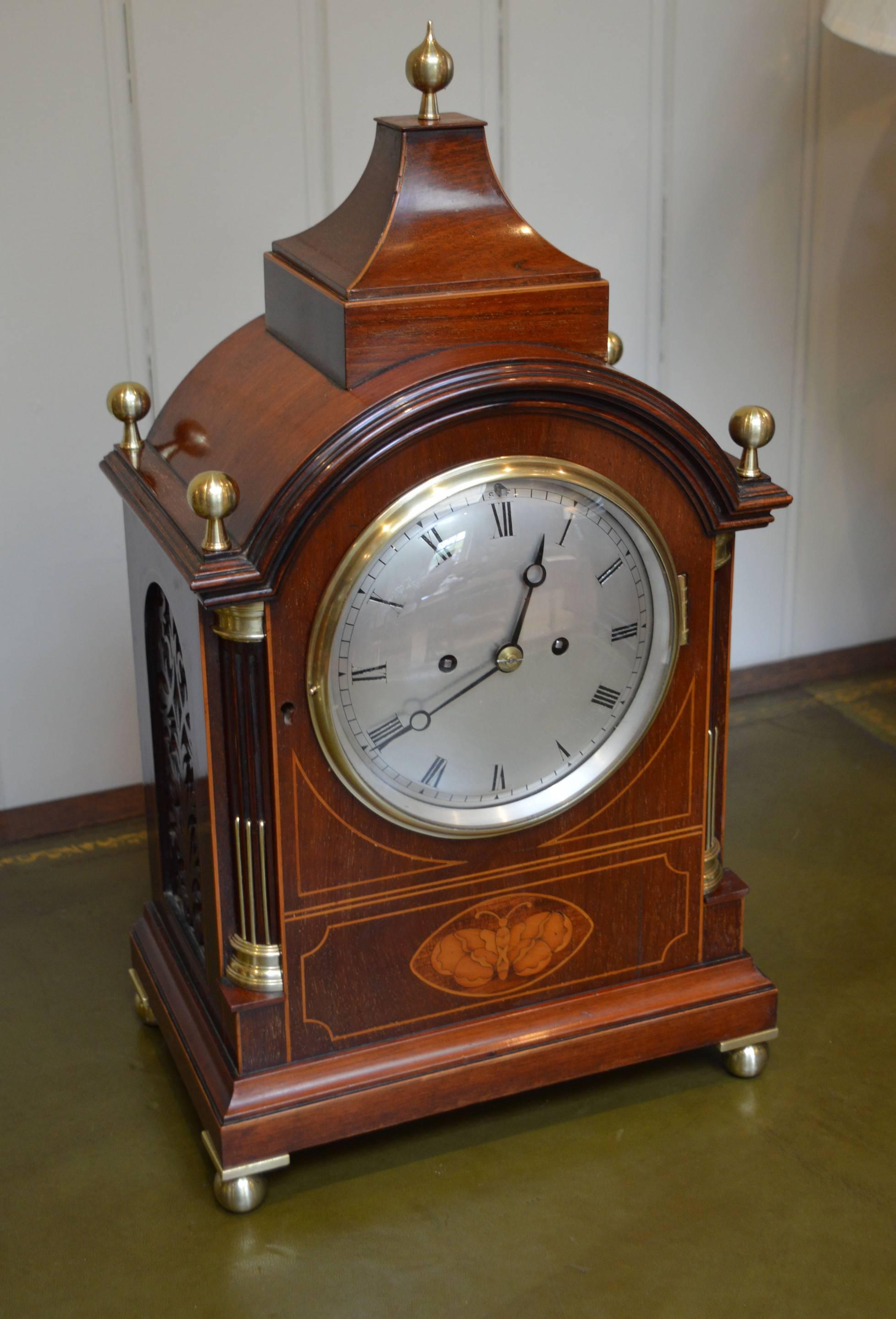 English Late 19th Century Mahogany and Inlay Fusee Bracket Clock For Sale