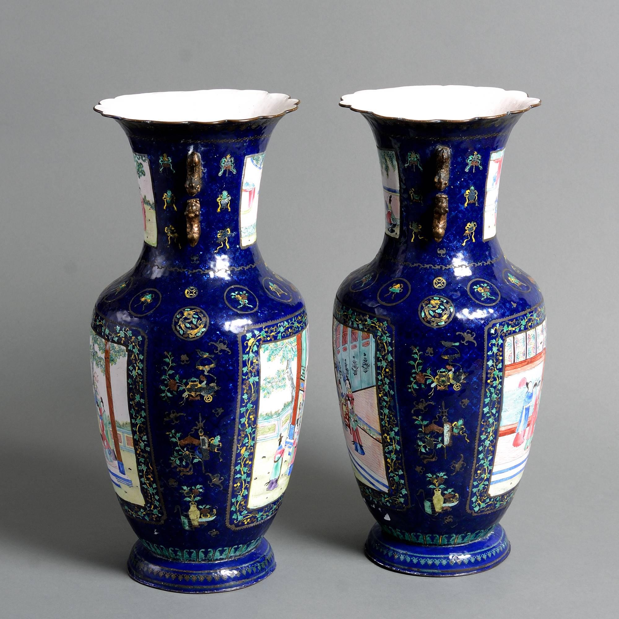 Chinese Export Pair of 19th Century Canton Dark Blue Enamel Vases with figurative court scenes