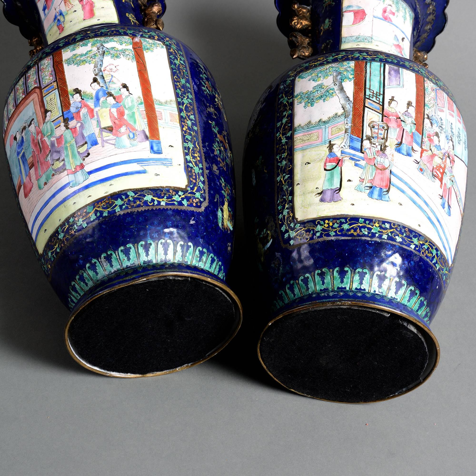 Pair of 19th Century Canton Dark Blue Enamel Vases with figurative court scenes In Good Condition In London, GB