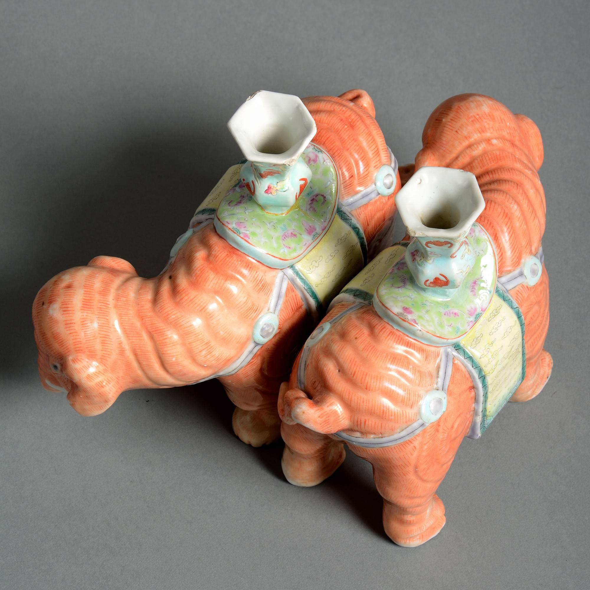 Chinese Export Pair of Porcelain Orange Elephant Candle Holders