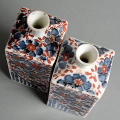 19th Century White Imari Porcelain Flasks / Vases Pair with Blue & Red Flowers