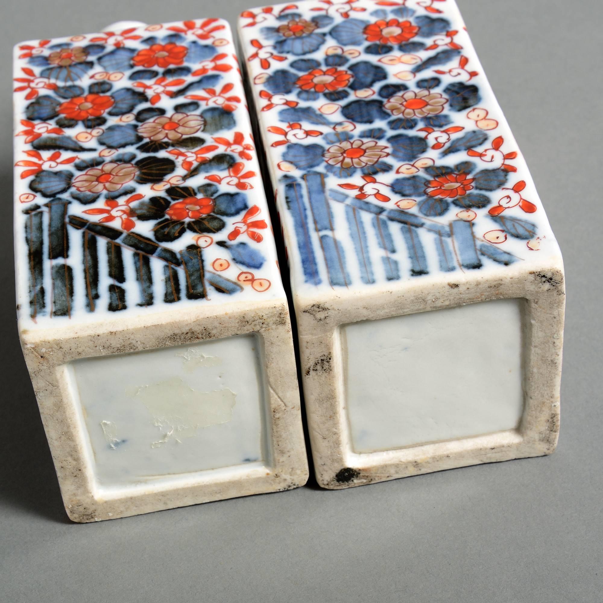 Japanese 19th Century White Imari Porcelain Flasks / Vases Pair with Blue & Red Flowers