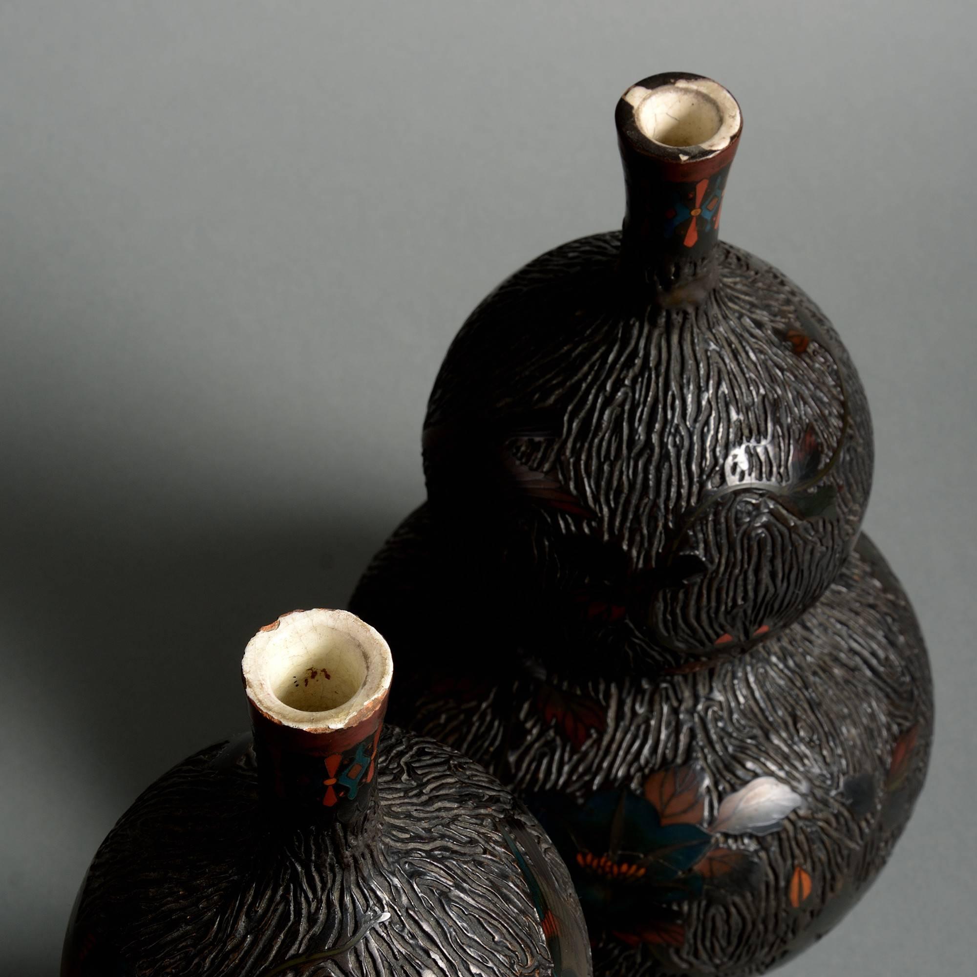 Japanese 19th Century Pair of Black Cloisonné and Gourd Vases with red and blue flowers