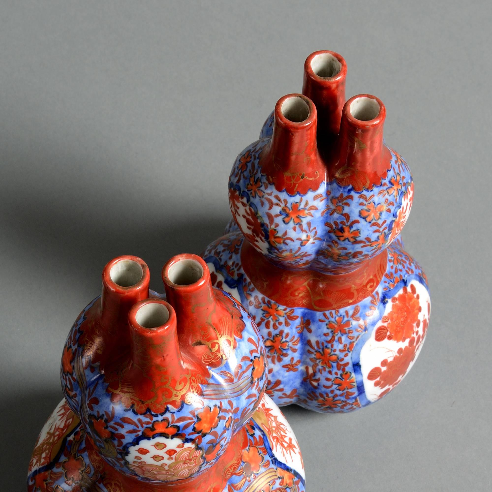 Japanese Pair of 19th Century Imari Triple Gourd Vases