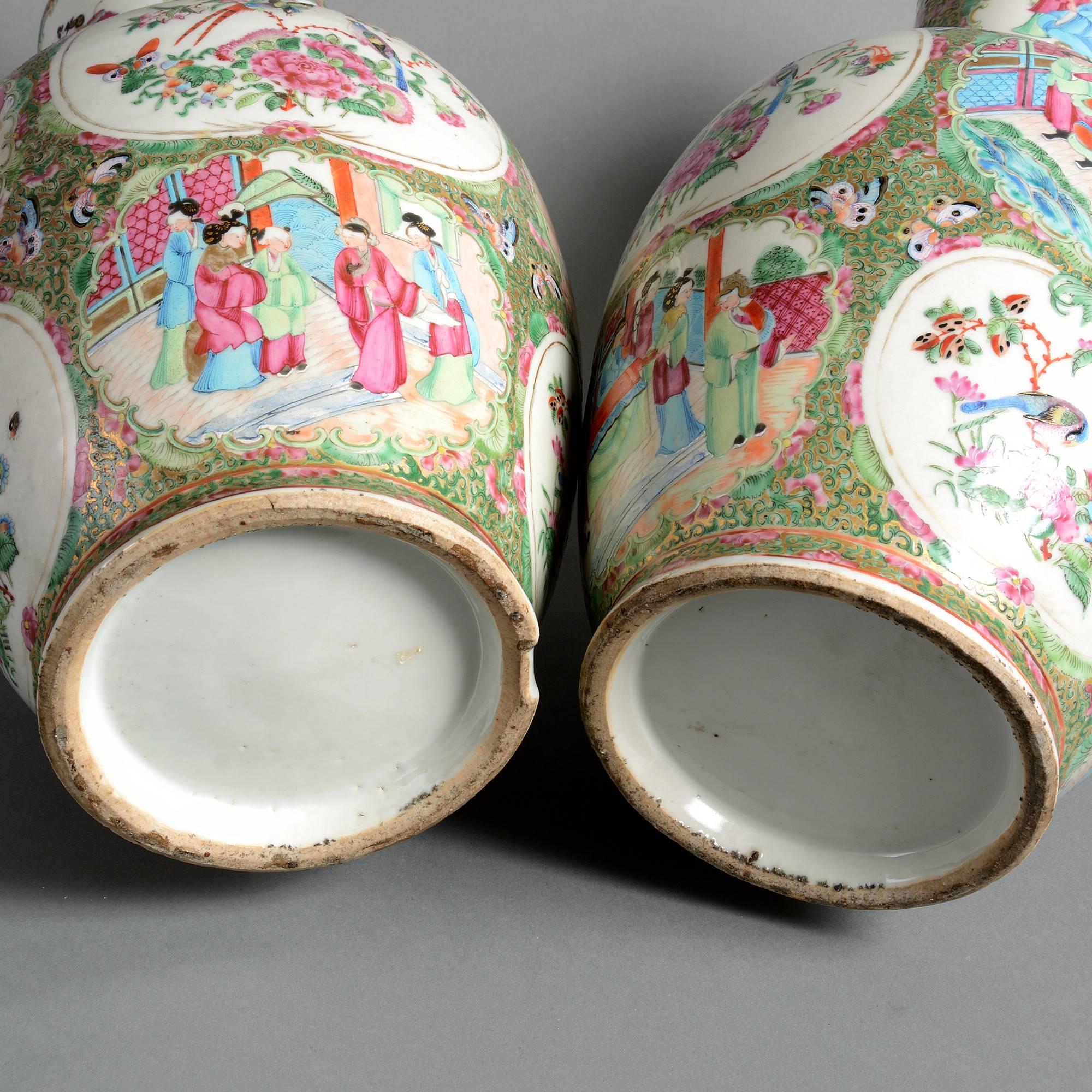 Chinese 19th Century Pair of Canton Porcelain Vases and Covers